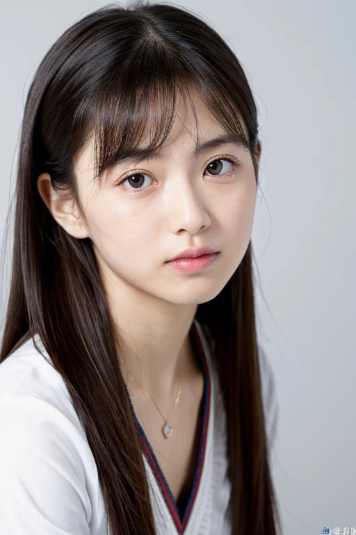 (highest quality, 8k, 32k, masterpiece, Ultra-high resolution:1.2),Photos of cute Japanese high school girls, Very small breasts, Very neatly arranged straight long black hair,Upper Body,Face Focus,, necklace, Simple Background, From above, View your viewers,Facing forward.Stand upright.A neat and tidy honor student.Expressionless.I can see your forehead