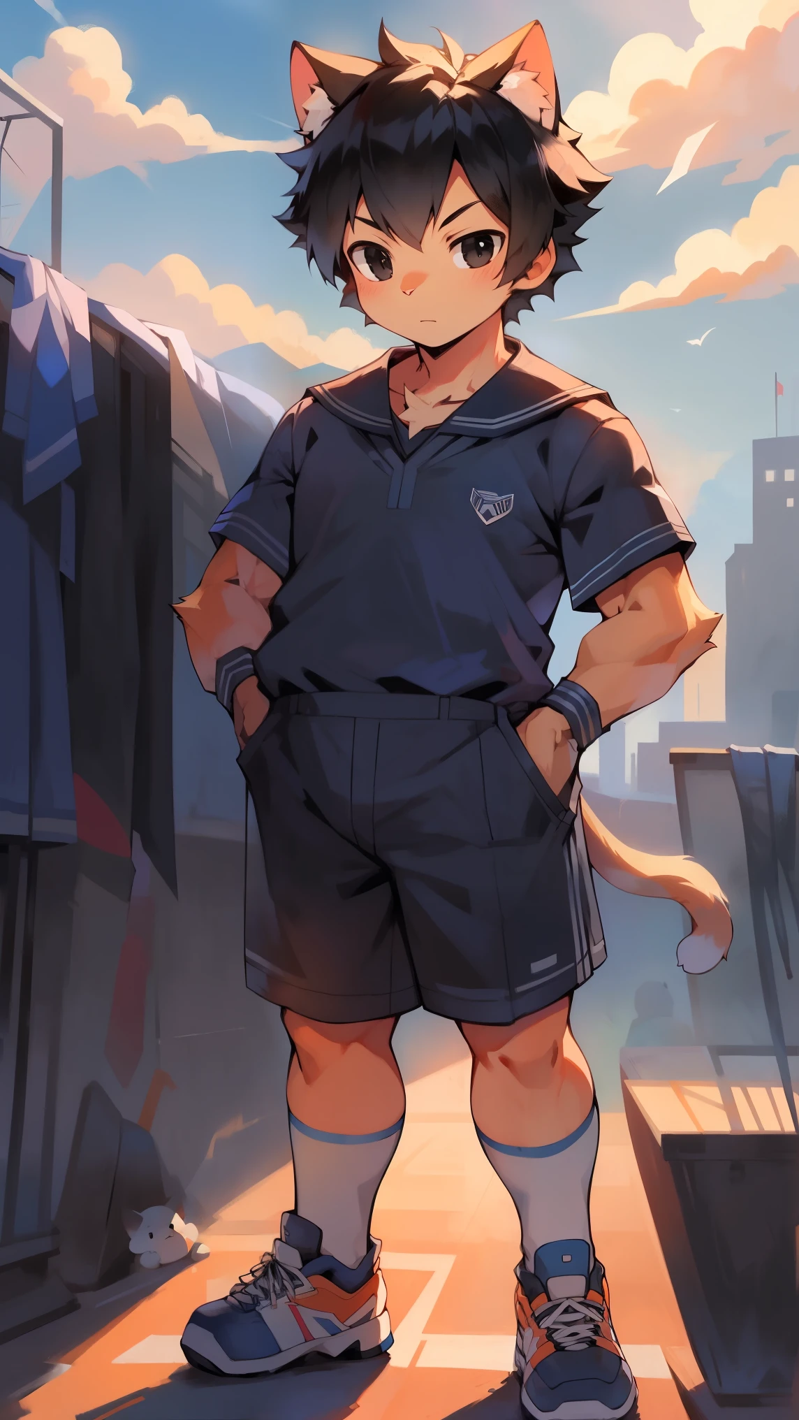 Orange fur,Black Hair,black eyes,Cat,Blue school uniform,sports shoes,boy,Handsome,huge。