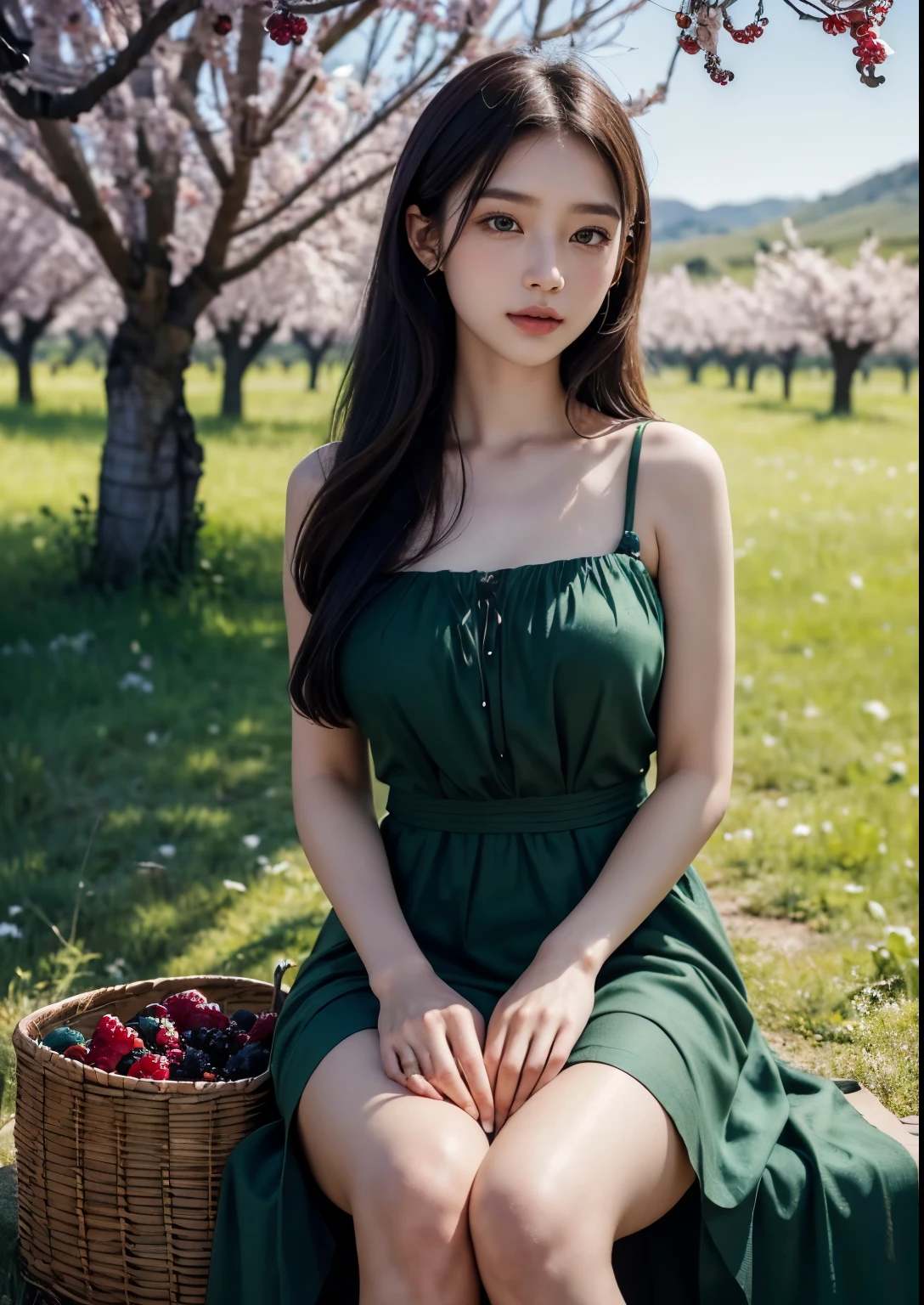 (best quality,4k,8k,highres,masterpiece:1.2),ultra-detailed,(realistic,photorealistic,photo-realistic:1.37),high-resolution portraits, Beautiful Korean Girl, 18 years Girl, ((Young Body,young round breasts,perfect body figure, Slender)),beautiful detailed eyes,beautiful detailed lips,extremely detailed eyes and face,long eyelashes,freckles on her face,gentle smile,majestic pose,flowing black hair cascading down her back, ((above knee length Green Frock dress)),soft sunlight illuminating her face,vivid colors in the landscape,rich color palette with warm tones,((mulberry fruit orchards)),((many many Mulberry Fruits in orchards)),((mulberry fruit trees)),((heavy Fruits in mulberry trees)),((mulberry trees have many many Mulberry Fruits in trees)),traditional Turkish orchards in the background,rows of fruitful mulberry trees with branches heavy with ripe fruits,each mulberry fruit perfectly crafted and vibrant purple in color,she delicately holds a wicker basket filled with freshly picked mulberries,berry juice staining her fingertips,a sense of tranquility and serenity in the air,subtle wind rustling the leaves,elegantly painted background with a touch of impressionistic style,subtle brushstrokes adding depth and texture to the image,sublime realism with a touch of romanticism, Stylish Poses, sexy angles