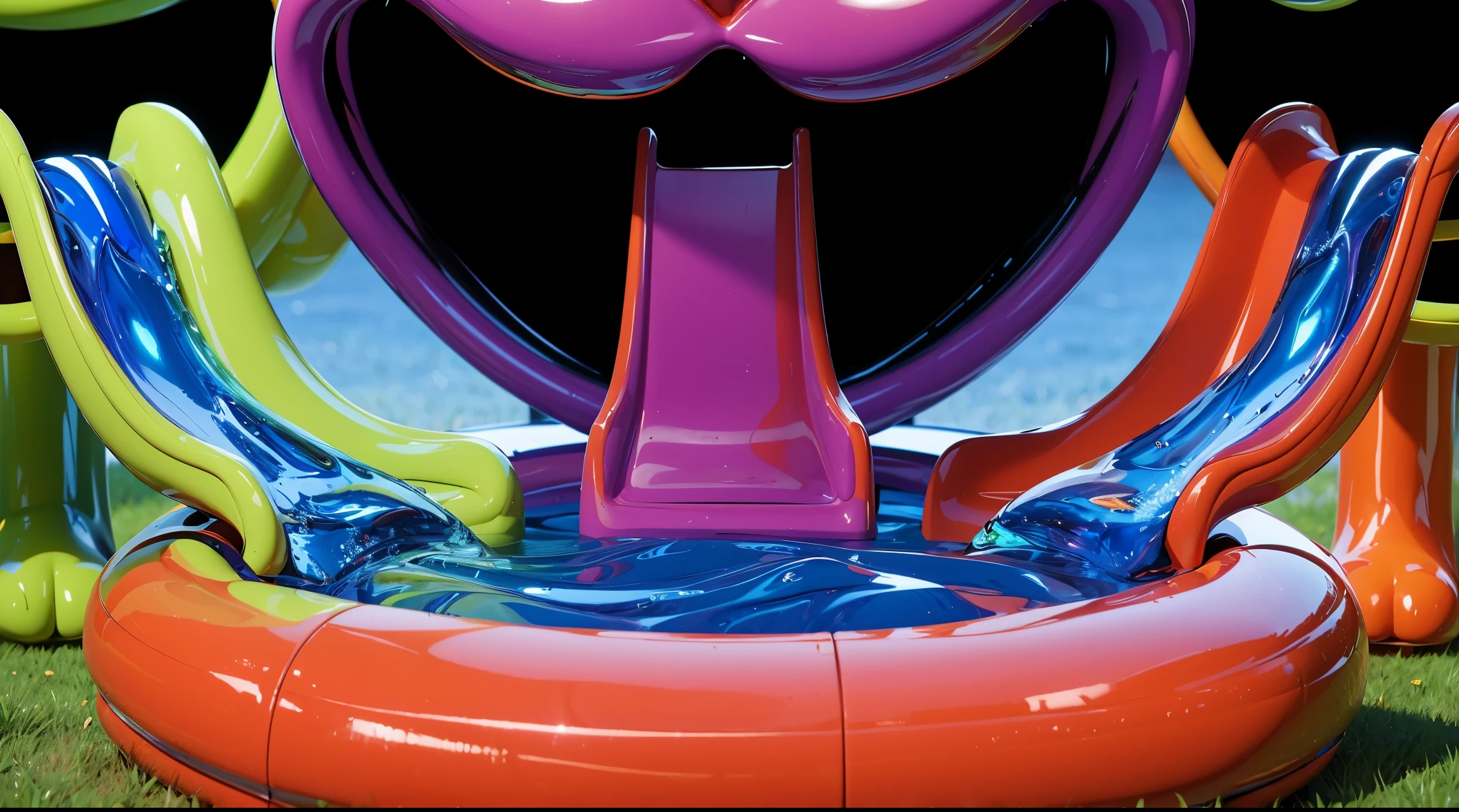 A children's swimming pool with multiple colorful slides. glossy water An inflatable swimming pool on a lawn, surrounded by green and orange boots. The image depicts two large orange glossy feet with five toes each, standing on a blue surface. The feet have a unique design, with the big toe pointing inwards. The skin on the feet has wrinkles and looks rough. The image depicts two large orange feet with five toes each, standing on a blue surface. The feet have a unique design, with the big toe pointing inwards. The skin on the feet has wrinkles and looks rough. cartoon key frame rendering, cute 3D rendering, Shiny metallic,Create ultra sharp цветной рендеринг zbrush. perfect cgi, cgi art created only with gradients, smooth silhouette, Create ultra sharp skin, high intensity refraction, (plastic material), most beautiful vfx, blue background, plastic refractions, glossy texture, smooth 3d model, multiple light sources, rim light, sharp post effects render, (glossy plastic texture with multiple big light probe refractions), perfect cgi, cgi art created only with gradients, smooth silhouette, high intensity refraction, (plastic material), most beautiful vfx, blue background, plastic refractions Create ultra sharp
