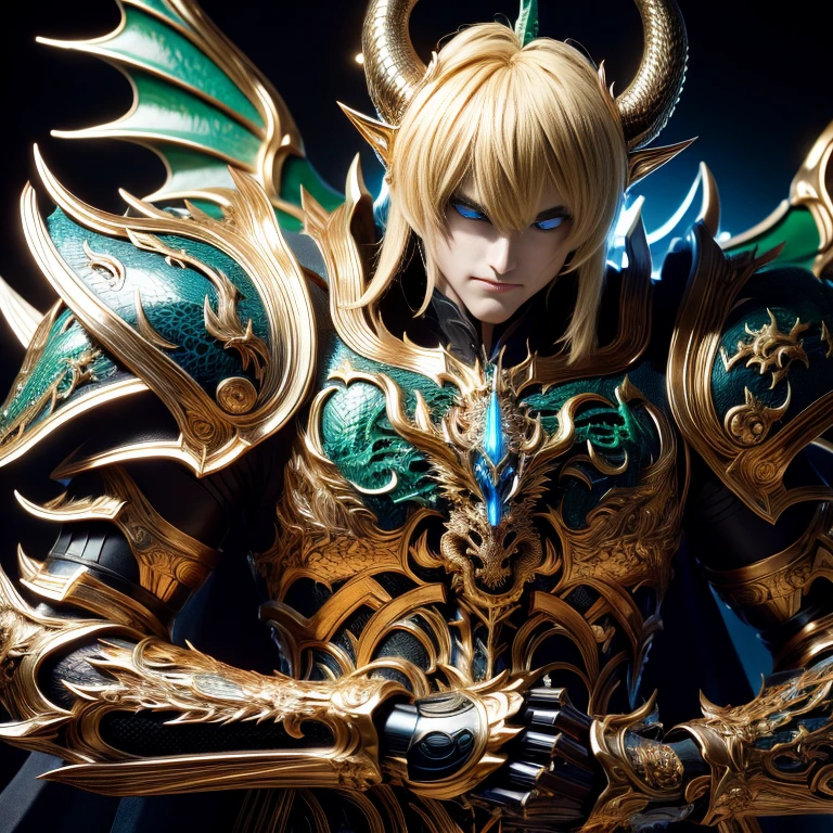 (masterpiece, best quality:1.2, UHD, 4k, masterpiece, photo realistic, insane details, ultra realistic, nobel photography), a saint seiya saint, with ultra beautiful and decoured full armour, ((((full made of black metal, dragon themed dragoncore))))), light effects, very decourated, friezes