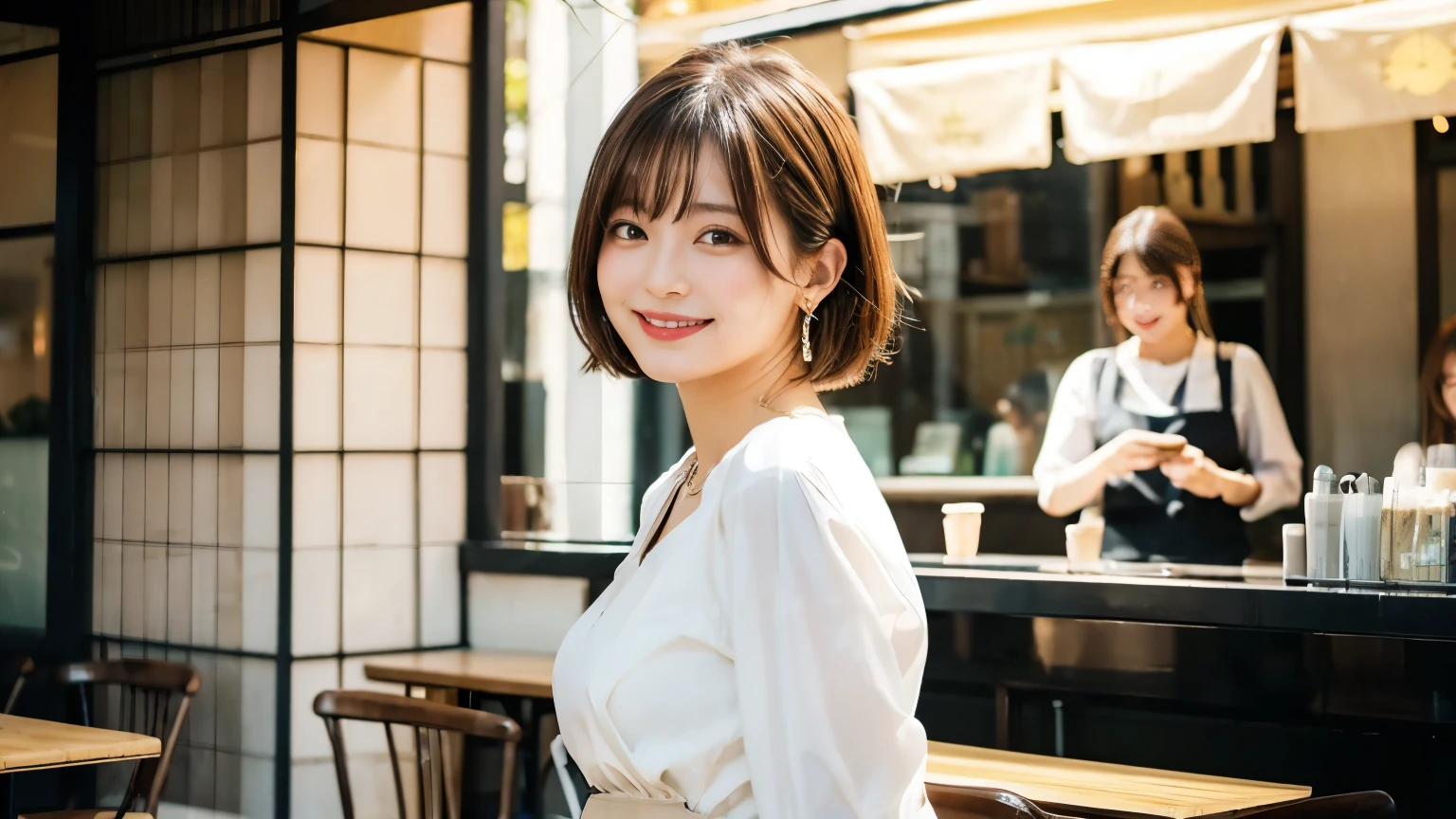 super high quality, Short Hair, Slender, Gravure photoshoot, The staff is working at the counter in the back., (8k、RAW Photos、highest quality、masterpiece:1.2), Japanese Idol, Shaggy, Stylish café, The cafe is crowded with people enjoying themselves., (Realistic、Photorealistic:1.37), Mesh Hair, Urban Cafe, Golden Ratio, Raw photo, Cute face , Light Brown Hair, Earrings, Small breasts, Bright cafe interior, Beauty salon model, Spring Clothes, necklace, White Shirt, Spoiled, Cafe Terrace, Open Cafe, Open Cafeの前に高級車, Smile, Hair blowing in the wind, Neat clothes, 18-year-old, younger sister, 
