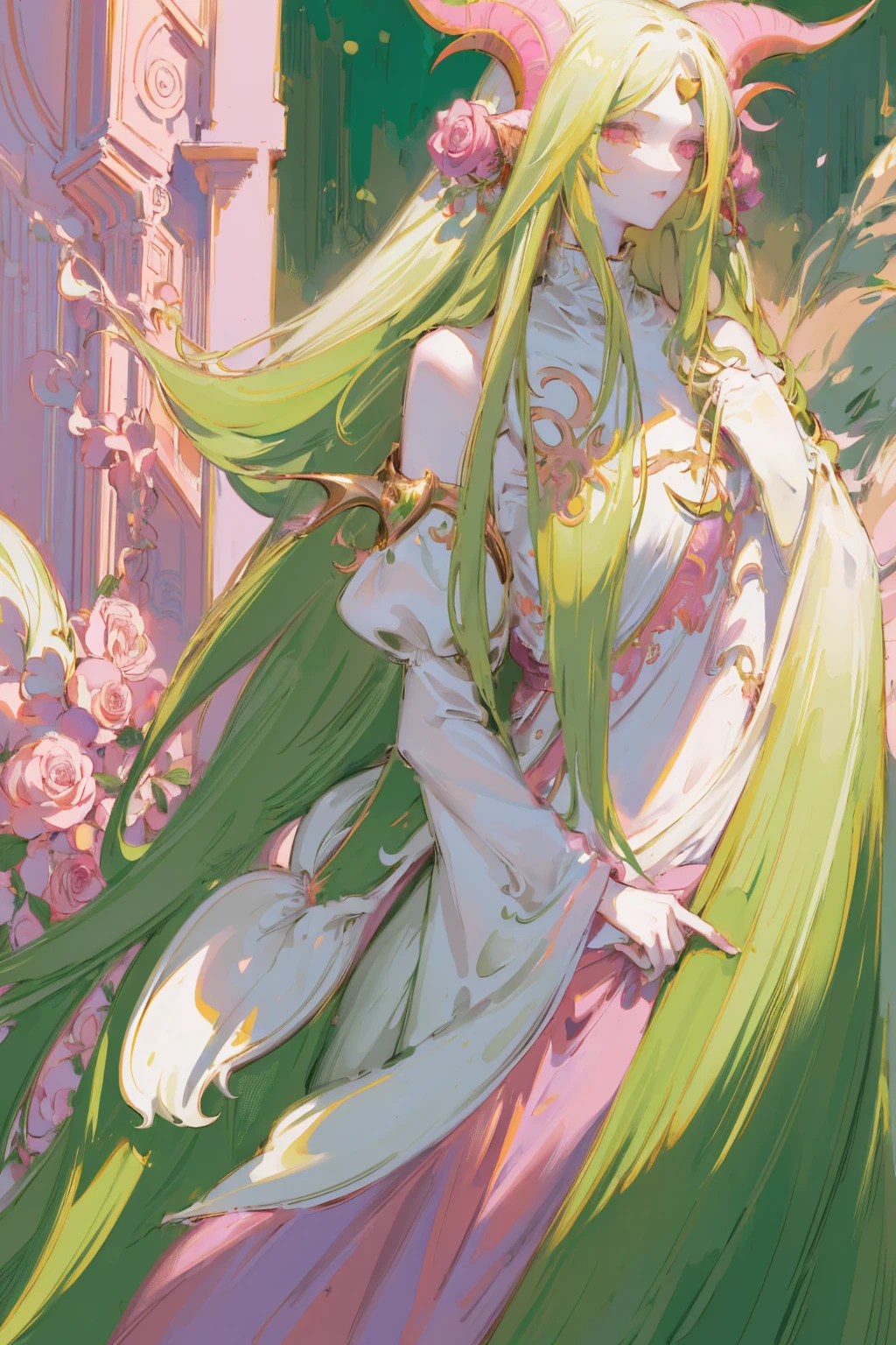 Designed by nty, A woman is, 8K, hyper HD, Albino demon girl standing, shot from far away, ( green long hair:1.3) , pink rose bush, Pink turtleneck sweater with tulle skirt, winking ,(long and complex horns:1.2), white backgrounid, colorful clothes, Complicated details