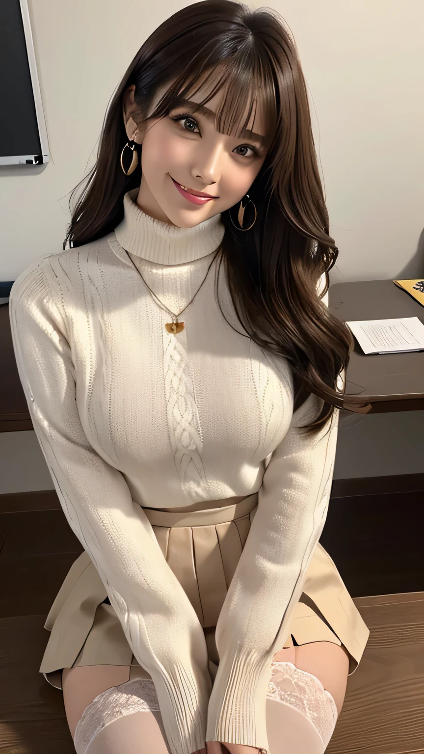 (Tabletop, highest quality, High resolution, , Perfect Pixel, 4K,), 1 girl, single, alone, Beautiful woman、I could see the whole body、 ((Wavy mid-hair, bangs, Brown Hair)), ((Brown eyes, Beautiful eyelashes, Realistic eyes)), ((Detailed face, blush:1.2)), ((Smooth texture:0.75, Realistic texture:0.65, Realistic:1.1, Anime CG Style)), Medium chest, Dynamic Angle, Perfect body, ((, female teacher, , Earrings、necklace、White turtleneck sweater、Beige flared skirt、Black knee-high stockings、Spread your legs wide、On one knee、A shy smile)), Superior、、、evening、Sit at a desk、Bring your arms together to emphasize your chest、(、Show lace panties、Angle from below)、