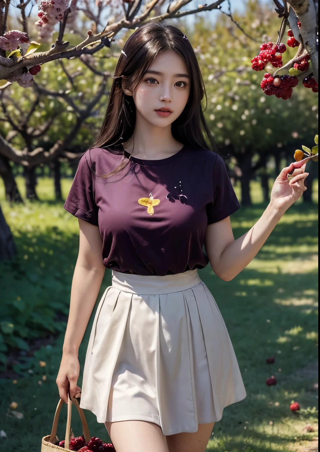 (best quality,4k,8k,highres,masterpiece:1.2),ultra-detailed,(realistic,photorealistic,photo-realistic:1.37),high-resolution portraits, Beautiful Korean Girl, 18 years Girl, ((Young Body,young round breasts,perfect body figure, Slender)),beautiful detailed eyes,beautiful detailed lips,extremely detailed eyes and face,long eyelashes,freckles on her face,gentle smile,majestic pose,flowing black hair cascading down her back, ((Starfish pink glitter silky Green T-shirt with Luxury glitter Peach above knee length skirt)),soft sunlight illuminating her face,vivid colors in the landscape,rich color palette with warm tones,((mulberry fruit orchards)),((many many Mulberry Fruits in orchards)),((mulberry fruit trees)),((heavy Fruits in mulberry trees)),((mulberry trees have many many Mulberry Fruits in trees)),traditional Turkish orchards in the background,rows of fruitful mulberry trees with branches heavy with ripe fruits,each mulberry fruit perfectly crafted and vibrant purple in color,she delicately holds a wicker basket filled with freshly picked mulberries,berry juice staining her fingertips,a sense of tranquility and serenity in the air,subtle wind rustling the leaves,elegantly painted background with a touch of impressionistic style,subtle brushstrokes adding depth and texture to the image,sublime realism with a touch of romanticism, Stylish Poses, sexy angles, (((Standing in front of Mulberry Fruit trees and Fruit bunch in front of Face)))