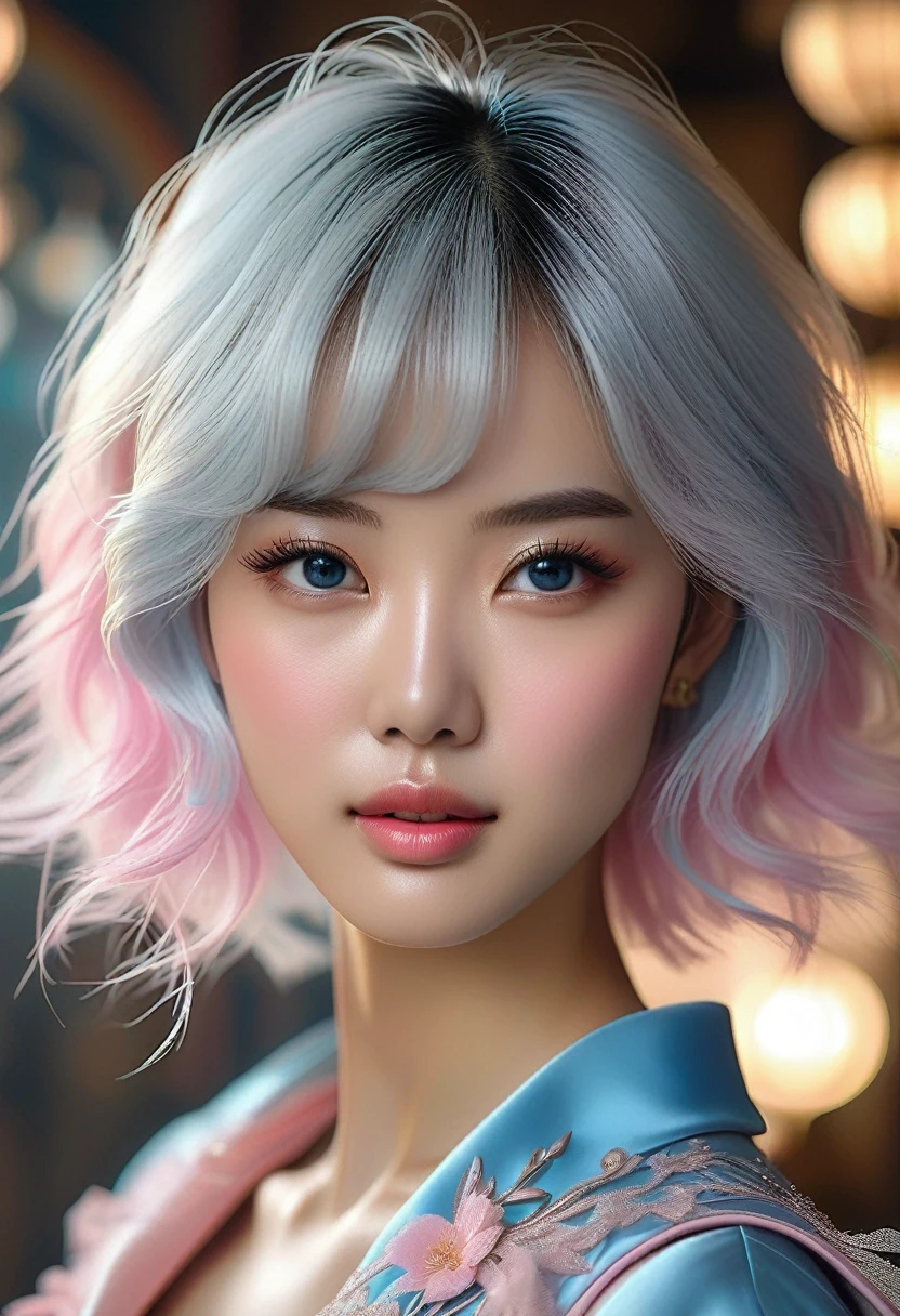 Beautiful asian girl photos,Cool,Premium photos,Western beauty,Shoulder-length white hair tucked a pinch of blue,Pink sleeveless vest,Tulle coat,The color of artist Sargent,Realistic facial features, beautiful light up,Extremely beautiful facial details and delicate eyes,Clear and three-dimensional facial features,32K