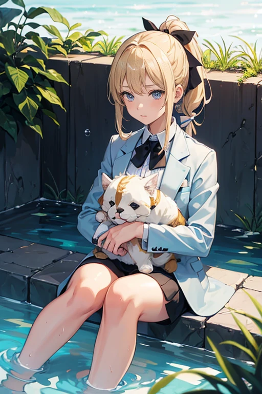 1 Girl, (alone:1.3), ditch, hot spring, Outdoor, Suit jacket, Hug your feet, of course(Blue Archive), Medium chest,  Blonde, Braid, Folded ponytail, Hair Ribbon, 