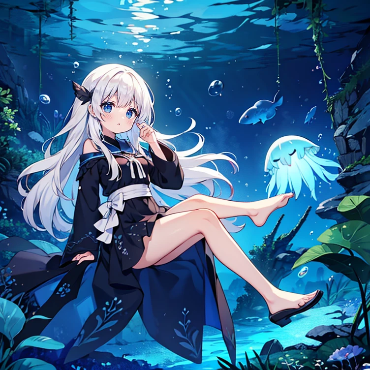 (Peace Fly), (highest quality), Very detailed, 1 girl, Personal full-body photo, Perfect Face, beautiful girl, Very detailed顔，(Long white hair:1.5)，(blue eyes:1.4)，(Flowing Hair:1.4)，(Underwater:1.4)，sink，school fishy，Light，jellyfish，Seaweed，Redfish，fishy，deep sea，Fantasy