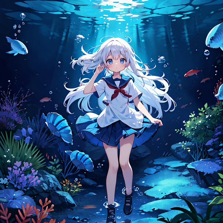 (Peace Fly), (highest quality), Very detailed, 1 girl, Personal full-body photo, Perfect Face, beautiful girl, Very detailed顔,(Long white hair:1.5),(blue eyes:1.4),(Flowing Hair:1.4),(Underwater:1.4),sink,school fishy,Light,jellyfish,Seaweed,Redfish,fishy,deep sea,Fantasy