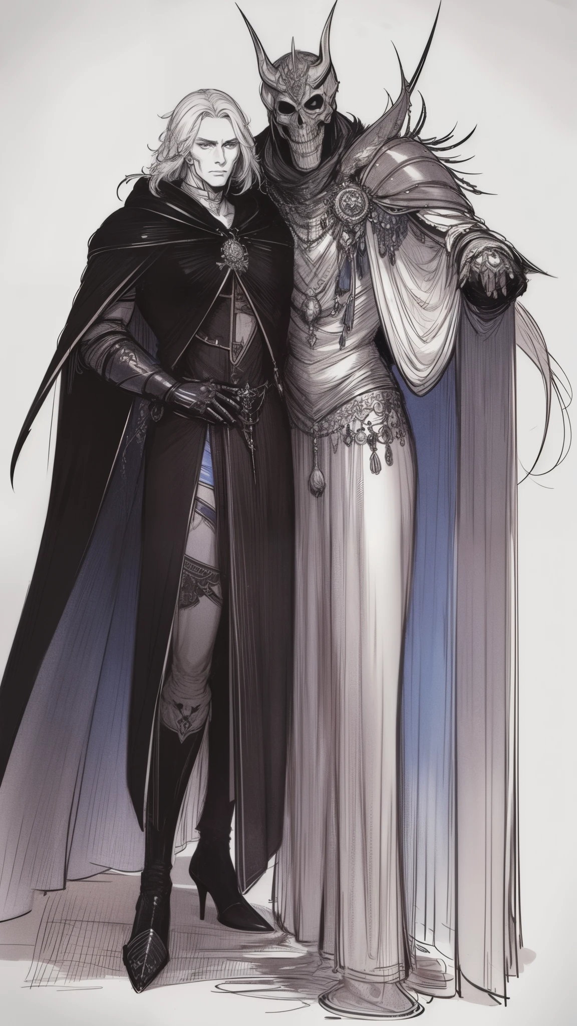 Black knight, white background, line drawing Drawing, light colors, holding sword, fantastic, man 1 (white hair), black dragon coiling, by Mucha, de Pere Blanca, hollow eyes, rough sketch, rough lines, lively pose, beautiful black cape, Dracula, slender, blue feathers, delicate touch lines, painterly, Lively pose, beautiful black cape, Dracula, slender, blue feathers, delicate touch, fine lines, clear face, black mechanical giant, skull mask, black cape, grim reaper, skull