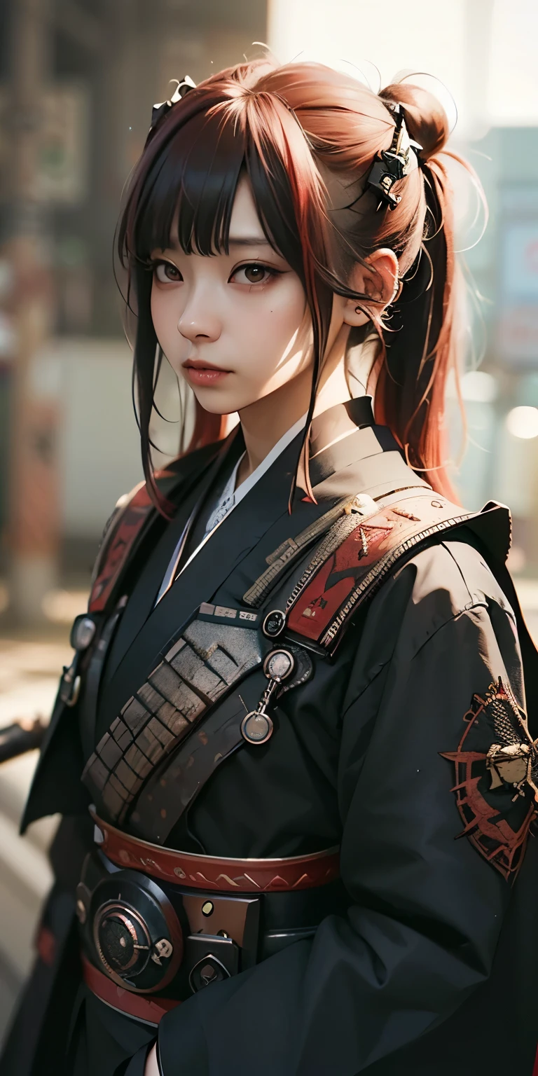 masterpiece, best quality, (extremely detailed CG unity 8k wallpaper), (best quality), (best illustration), (best shadow), absurdres, realistic lighting, (Abyss), beautiful detailed glow, art by PeterMohrBacher, a woman with red hair holding a sword, inspired by rossdraws, pixiv contest winner, portrait of hisoka hunter hunter, red scales on his back, realism artstyle, clothed in old samurai uniform, photorealistic artstyle, beautiful avatar pictures, ichigo, in japanese anime style, trash polka