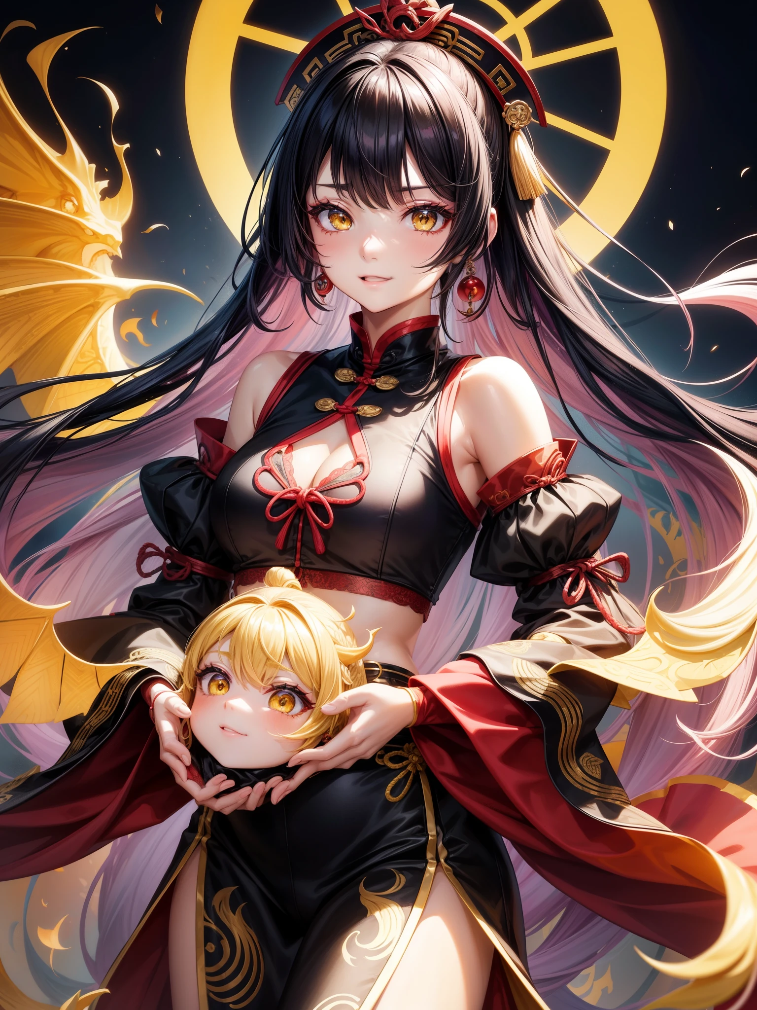 Chinese Gothic Punk、Jiangshi風、Daughter of the Chinese emperor、Overwhelming intimidation、Dignity emanating from the whole body、Put your hands in your sleeves、(Comic noir style)、(Line art_anime)、(Plain_High Contrast)、(Mastepiece、Best)quality、)、(Laura Bad Picture:1.2)、(Lora Add details:1.2)、8K、flat color:1.2、1 girl、重いマントを着て深紅の玉座に座るJiangshiの女王、Jiangshi、美しいJiangshi、Very long hair、Peking Opera-style makeup、Luxurious costumes with beautiful embroidery_Dragon and phoenix embroidery:1.2、(lora:Add details:1.2)セミリアルなanimeポートレート、1 female、((Yellow doe eyes))、Purple Hair、Long Hair、Wavy Hair、Swept-apart bangs、Beautiful eyes、Juicy lips、Black modern lace crop top、Round earrings and rings、Beautiful makeup face、Red eyeshadow、Doll-like face、Fake cheerful smile、Popular Girls、Shadows on the eyes