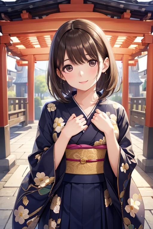 whole body, highest quality, shape, Very detailed, In detail, High resolution, 8k wallpaper, Perfect dynamic composition, Beautiful details, 

Shiny brown hair, short hair, Brown eyes、smile、Sparkling eyes, (Fine grain)、Ultra-detailed eyes、
kimono，Center of chest, Natural color lip, ,smile,shrine，Flower Hair Ornaments，cute，