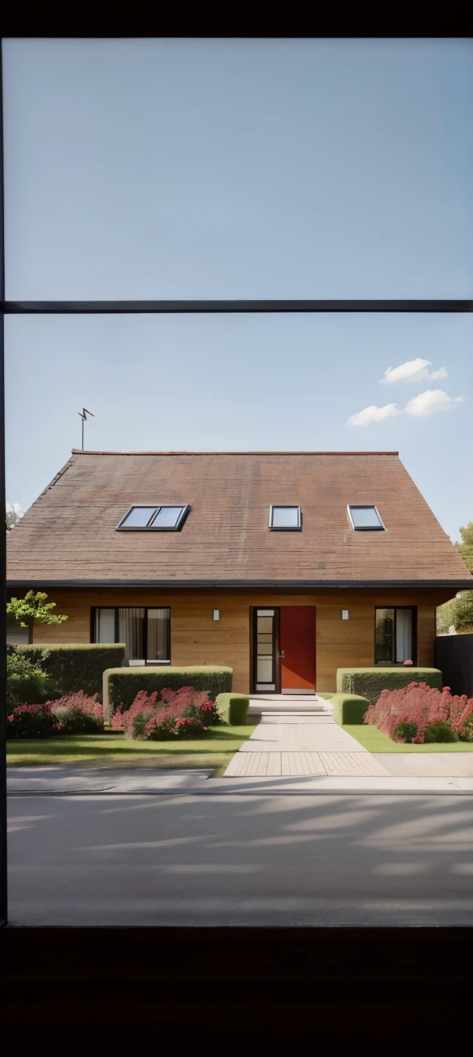 PLATFORM KTHOUSE, 1 morden house with slope roof:1.1, Many beautiful red flowers, romantic, The town house is made from white walls, beautyful light, beautyfulday, sunny, lovely youthful feeling :1.2, sunlight at 12 noon, Very beautiful shadows