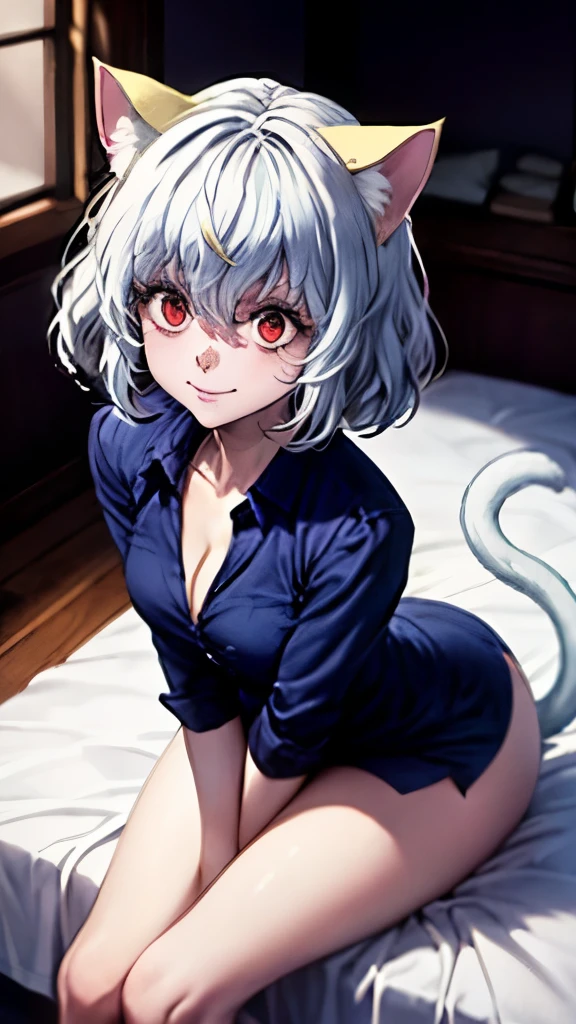 Neferpitou, short hair, (Red eyes:1.5), Animal ears, Hair between the eyes, tail, Gray Hair, Cat ear, cat tail, Cat girl, Curly Hair,wave hair、Curly hair、（Blue buttoned shirt），Blue short-sleeved shirt、((Pink spats))、Perfect captivating eyes，Fascinating face、Blushed，Open your mouth a little、（Spread your legs）、Thick thighs、best detail，Exterior photo of main unit、Ears hide、Short Bob、On the bed、Bright bedroom、Asahi、Bright room、Cleavage、from above、Smiling Kindly、Sit on the bed、Sit on the bed、(((Crossing your legs)))