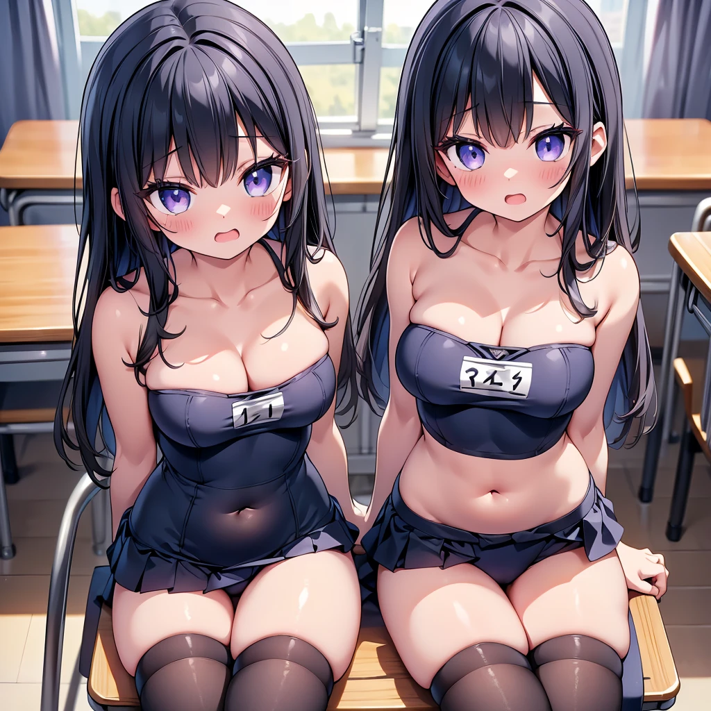(cute eyes:1.2), (sparkling eyes:1.2), (8K、Best image quality、highest quality、masterpiece)、Detailed face、(2 girls)、Improve、(Black Hair, Purple Eyes, long hair)、(open mouth), (embarrassed), (skinny body:1.3),(medium breasts), (strapless, School Swimsuit:1.2), (cleavage), (crop top navel), Sit on a chair, Classroom Background, (black stockings:1.1), (Thighs:1.1), (Waistline:1.1),(close-up shot of bust), (from above:1.2)