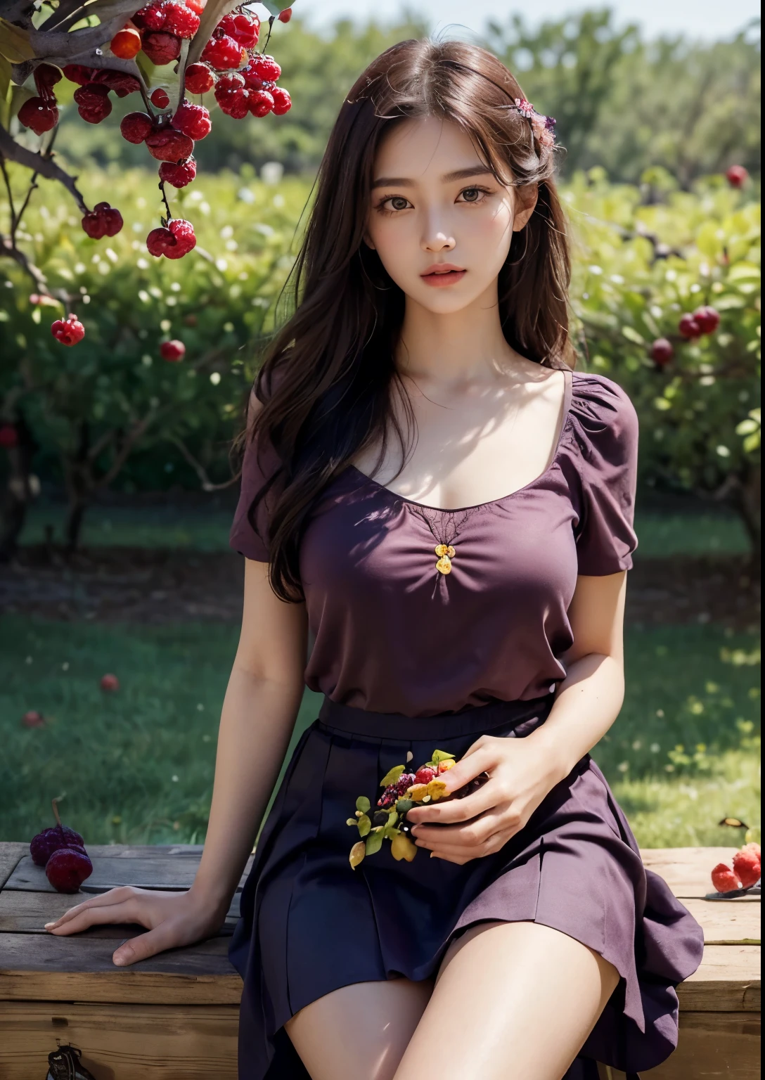 (best quality,4k,8k,highres,masterpiece:1.2),ultra-detailed,(realistic,photorealistic,photo-realistic:1.37),high-resolution portraits, Beautiful Korean Girl, 18 years Girl, ((Young Body,young round breasts,perfect body figure, Slender)),beautiful detailed eyes,beautiful detailed lips,extremely detailed eyes and face,long eyelashes,freckles on her face,gentle smile,majestic pose,flowing black hair cascading down her back, ((Starfish pink glitter silky Green T-shirt with Luxury glitter Peach above knee length skirt)),soft sunlight illuminating her face,vivid colors in the landscape,rich color palette with warm tones,((mulberry fruit orchards)),((many many Mulberry Fruits in orchards)),((mulberry fruit trees)),((heavy Fruits in mulberry trees)),((mulberry trees have many many Mulberry Fruits in trees)),traditional Turkish orchards in the background,rows of fruitful mulberry trees with branches heavy with ripe fruits,each mulberry fruit perfectly crafted and vibrant purple in color,she delicately holds a wicker basket filled with freshly picked mulberries,berry juice staining her fingertips,a sense of tranquility and serenity in the air,subtle wind rustling the leaves,elegantly painted background with a touch of impressionistic style,subtle brushstrokes adding depth and texture to the image,sublime realism with a touch of romanticism, Stylish Poses, sexy angles, (((Sitting in front of Mulberry Fruit trees and Fruit bunch in front of Face))), hot poses, Soo cute girl, Kissing fruit,