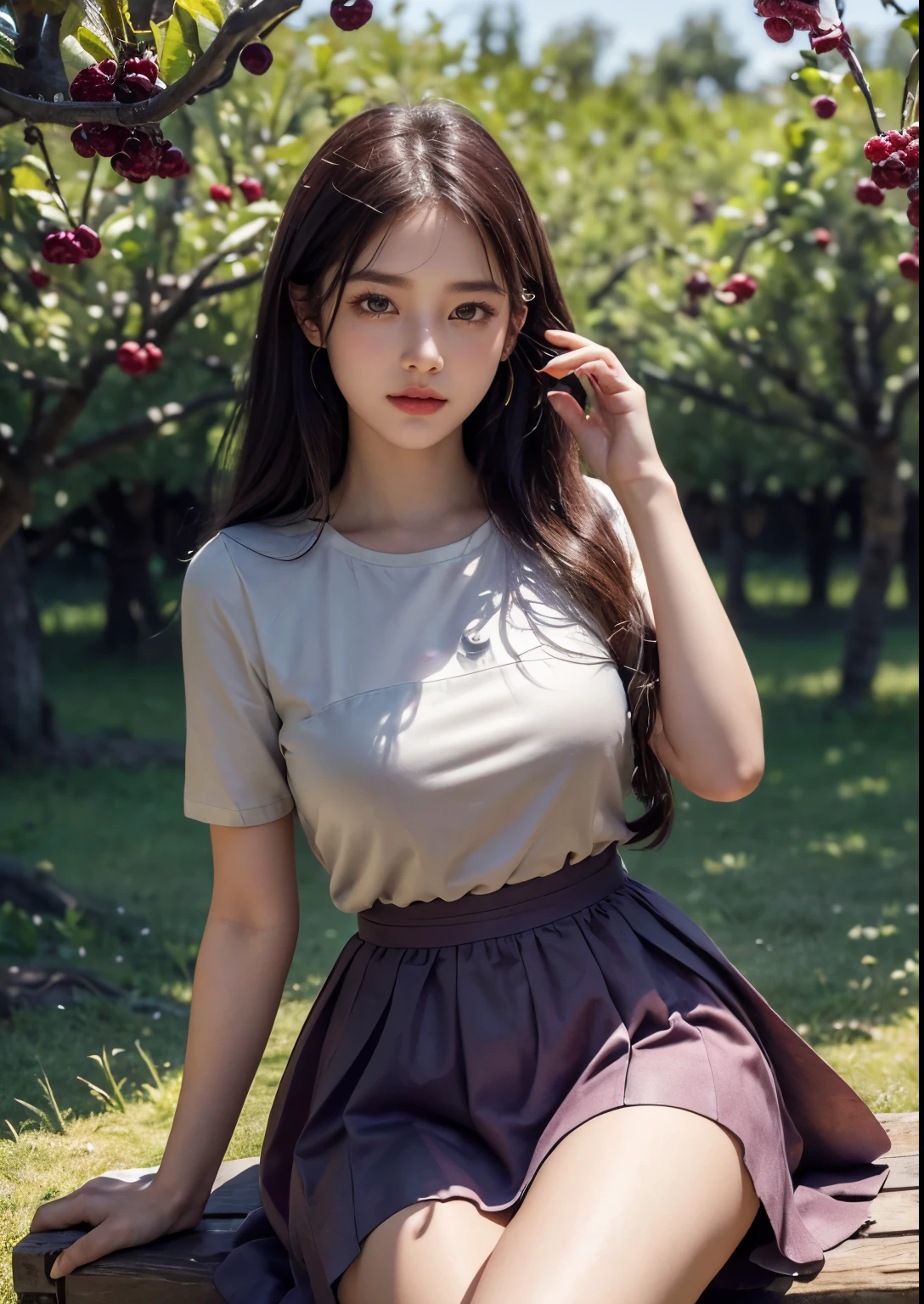 (best quality,4k,8k,highres,masterpiece:1.2),ultra-detailed,(realistic,photorealistic,photo-realistic:1.37),high-resolution portraits, Beautiful Korean Girl, 18 years Girl, ((Young Body,young round breasts,perfect body figure, Slender)),beautiful detailed eyes,beautiful detailed lips,extremely detailed eyes and face,long eyelashes,freckles on her face,gentle smile,majestic pose,flowing black hair cascading down her back, ((Starfish pink glitter silky Green T-shirt with Luxury glitter Peach above knee length skirt)),soft sunlight illuminating her face,vivid colors in the landscape,rich color palette with warm tones,((mulberry fruit orchards)),((many many Mulberry Fruits in orchards)),((mulberry fruit trees)),((heavy Fruits in mulberry trees)),((mulberry trees have many many Mulberry Fruits in trees)),traditional Turkish orchards in the background,rows of fruitful mulberry trees with branches heavy with ripe fruits,each mulberry fruit perfectly crafted and vibrant purple in color,she delicately holds a wicker basket filled with freshly picked mulberries,berry juice staining her fingertips,a sense of tranquility and serenity in the air,subtle wind rustling the leaves,elegantly painted background with a touch of impressionistic style,subtle brushstrokes adding depth and texture to the image,sublime realism with a touch of romanticism, Stylish Poses, sexy angles, (((Sitting in front of Mulberry Fruit trees and Fruit bunch in front of Face))), hot poses, Soo cute girl, Kissing fruit,