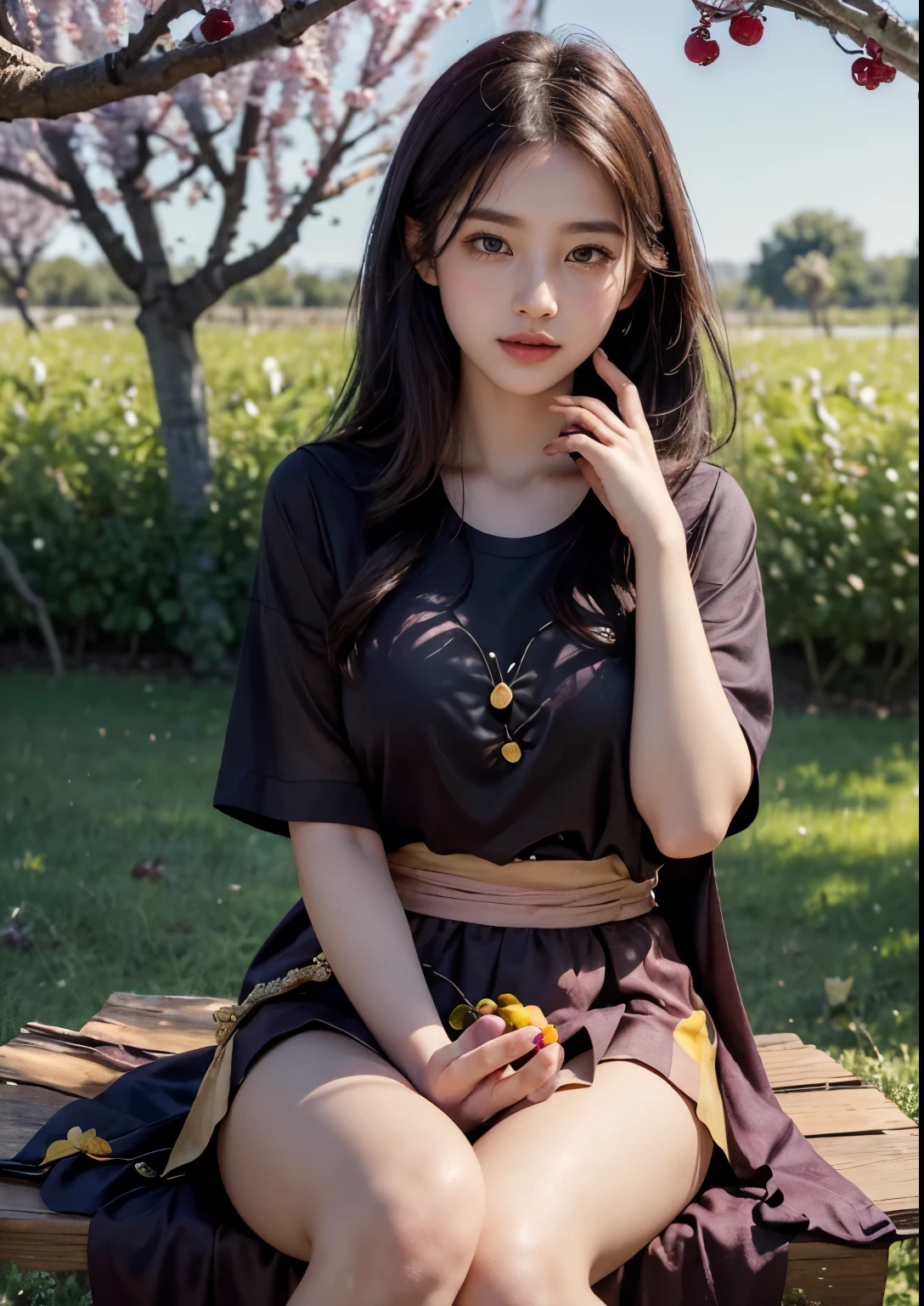 (best quality,4k,8k,highres,masterpiece:1.2),ultra-detailed,(realistic,photorealistic,photo-realistic:1.37),high-resolution portraits, Beautiful Korean Girl, 18 years Girl, ((Young Body,young round breasts,perfect body figure, Slender)),beautiful detailed eyes,beautiful detailed lips,extremely detailed eyes and face,long eyelashes,freckles on her face,gentle smile,majestic pose,flowing black hair cascading down her back, ((Starfish pink glitter silky Green T-shirt with Luxury glitter Peach above knee length skirt)),soft sunlight illuminating her face,vivid colors in the landscape,rich color palette with warm tones,((mulberry fruit orchards)),((many many Mulberry Fruits in orchards)),((mulberry fruit trees)),((heavy Fruits in mulberry trees)),((mulberry trees have many many Mulberry Fruits in trees)),traditional Turkish orchards in the background,rows of fruitful mulberry trees with branches heavy with ripe fruits,each mulberry fruit perfectly crafted and vibrant purple in color,she delicately holds a wicker basket filled with freshly picked mulberries,berry juice staining her fingertips,a sense of tranquility and serenity in the air,subtle wind rustling the leaves,elegantly painted background with a touch of impressionistic style,subtle brushstrokes adding depth and texture to the image,sublime realism with a touch of romanticism, Stylish Poses, sexy angles, (((Sitting in front of Mulberry Fruit trees and Fruit bunch in front of Face))), hot poses, Soo cute girl, Kissing fruit,