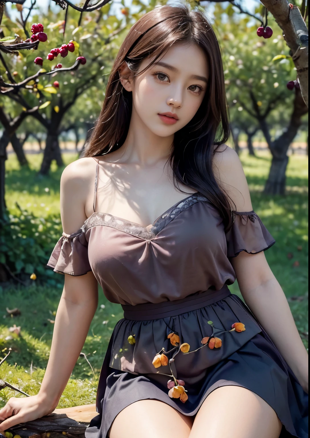 (best quality,4k,8k,highres,masterpiece:1.2),ultra-detailed,(realistic,photorealistic,photo-realistic:1.37),high-resolution portraits, Beautiful Korean Girl, 18 years Girl, ((Young Body,young round breasts,perfect body figure, Slender)),beautiful detailed eyes,beautiful detailed lips,extremely detailed eyes and face,long eyelashes,freckles on her face,gentle smile,majestic pose,flowing black hair cascading down her back, ((Starfish pink glitter silky Green T-shirt with Luxury glitter Peach above knee length skirt)),soft sunlight illuminating her face,vivid colors in the landscape,rich color palette with warm tones,((mulberry fruit orchards)),((many many Mulberry Fruits in orchards)),((mulberry fruit trees)),((heavy Fruits in mulberry trees)),((mulberry trees have many many Mulberry Fruits in trees)),traditional Turkish orchards in the background,rows of fruitful mulberry trees with branches heavy with ripe fruits,each mulberry fruit perfectly crafted and vibrant purple in color,she delicately holds a wicker basket filled with freshly picked mulberries,berry juice staining her fingertips,a sense of tranquility and serenity in the air,subtle wind rustling the leaves,elegantly painted background with a touch of impressionistic style,subtle brushstrokes adding depth and texture to the image,sublime realism with a touch of romanticism, Stylish Poses, sexy angles, (((Sitting in front of Mulberry Fruit trees and Fruit bunch in front of Face))), hot poses, Soo cute girl, Kissing fruit,