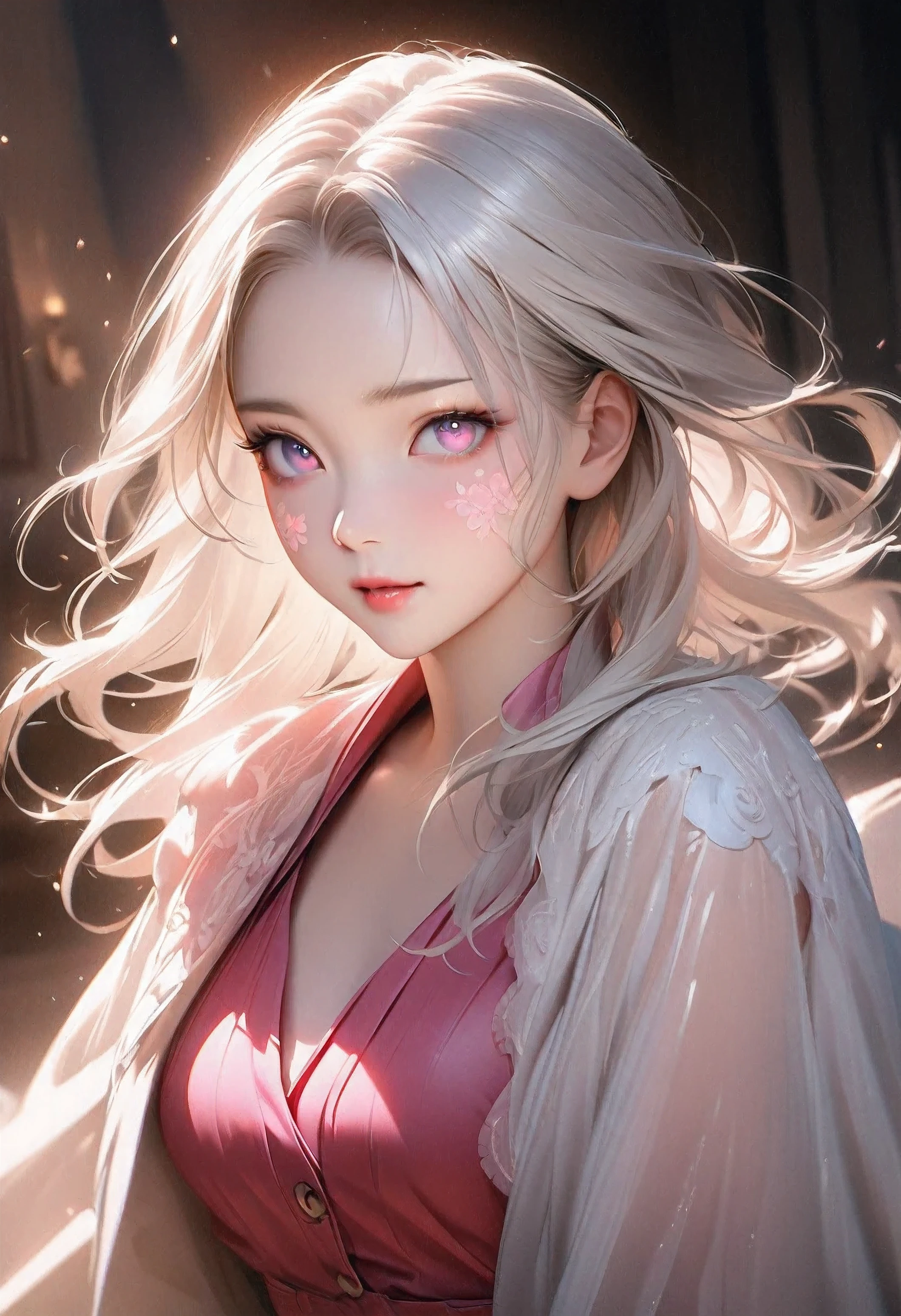 Beautiful asian girl photos,Cool,Premium photos,Western beauty,Shoulder-length white hair tucked a pinch of blue,Pink sleeveless vest,Tulle coat,The color of artist Sargent,Realistic facial features, beautiful light up,Extremely beautiful facial details and delicate eyes,Clear and three-dimensional facial features,32K