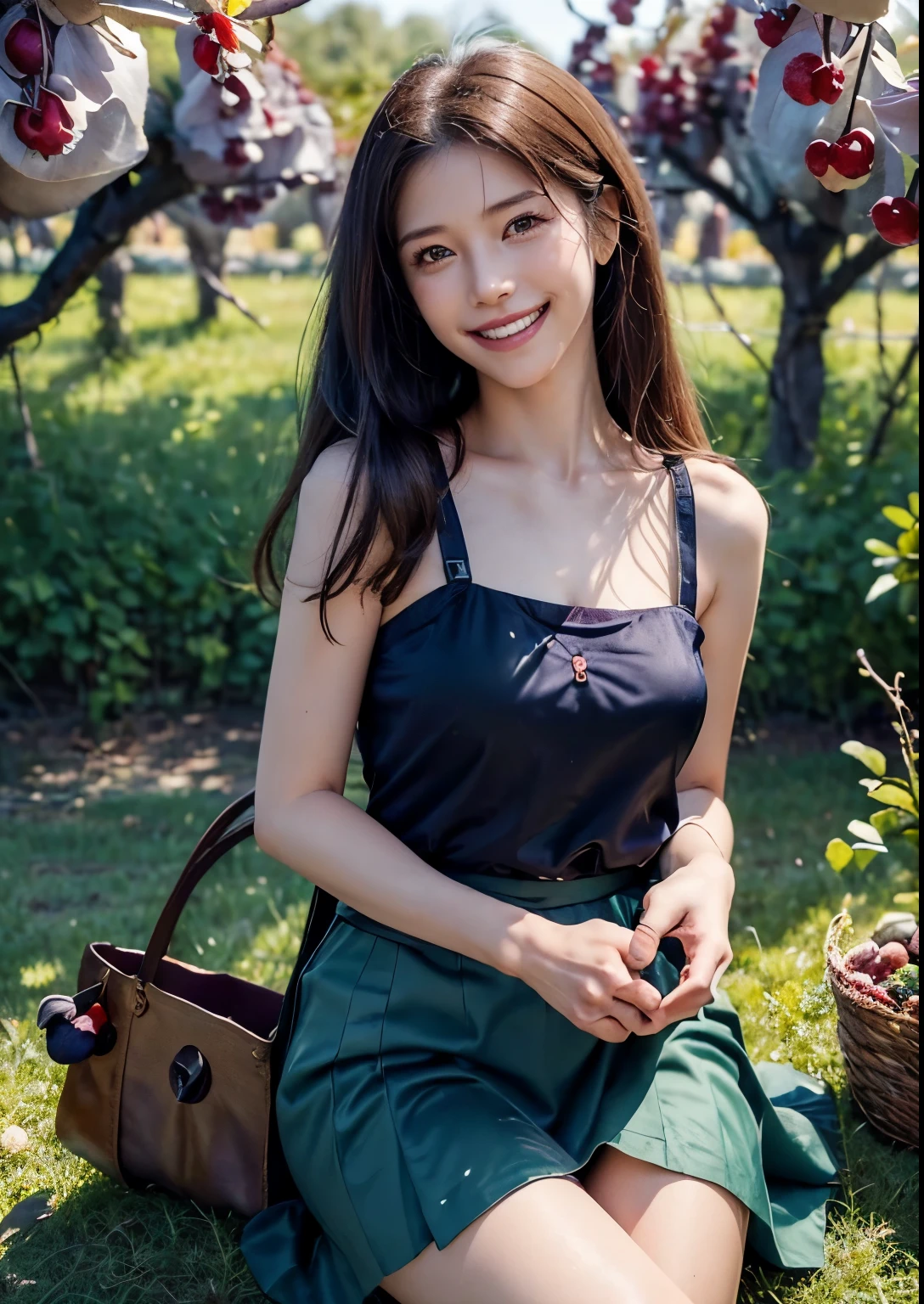 (best quality,4k,8k,highres,masterpiece:1.2),ultra-detailed,(realistic,photorealistic,photo-realistic:1.37),high-resolution portraits, Beautiful Korean Girl, 18 years Girl, ((Young Body,young round breasts,perfect body figure, Slender)),beautiful detailed eyes,beautiful detailed lips,extremely detailed eyes and face,long eyelashes,freckles on her face,gentle smile,majestic pose,flowing black hair cascading down her back, ((glitter silky satin seafoam Green T-shirt with Luxury glitter Peach above knee length skirt)),soft sunlight illuminating her face,vivid colors in the landscape,rich color palette with warm tones,((mulberry fruit orchards)),((many many Mulberry Fruits in orchards)),((mulberry fruit trees)),((heavy Fruits in mulberry trees)),((mulberry trees have many many Mulberry Fruits in trees)),traditional Turkish orchards in the background,rows of fruitful mulberry trees with branches heavy with ripe fruits,each mulberry fruit perfectly crafted and vibrant purple in color,she delicately holds a wicker basket filled with freshly picked mulberries,berry juice staining her fingertips,a sense of tranquility and serenity in the air,subtle wind rustling the leaves,elegantly painted background with a touch of impressionistic style,subtle brushstrokes adding depth and texture to the image,sublime realism with a touch of romanticism, Stylish Poses, sexy angles, (((Sitting in front of Mulberry Fruit trees and Fruit bunch in front of Face))), hot poses, Soo cute girl, Kissing fruit, Realistic Human fingers, realistic human hands,((smile1:2))