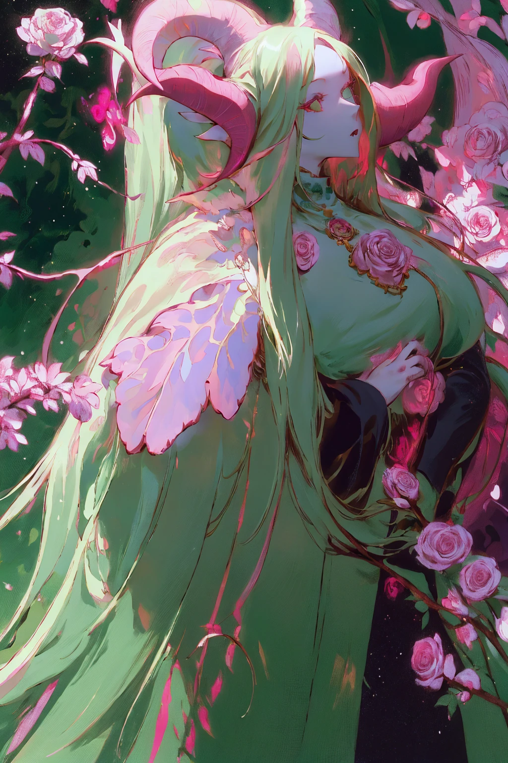 Designed by nty, A woman is, 8K, hyper HD, Albino demon girl standing, shot from far away, ( green long hair:1.3) , pink rose bush, Pink turtleneck sweater with tulle skirt, winking ,(long and complex horns:1.2), white backgrounid, colorful clothes, Complicated details