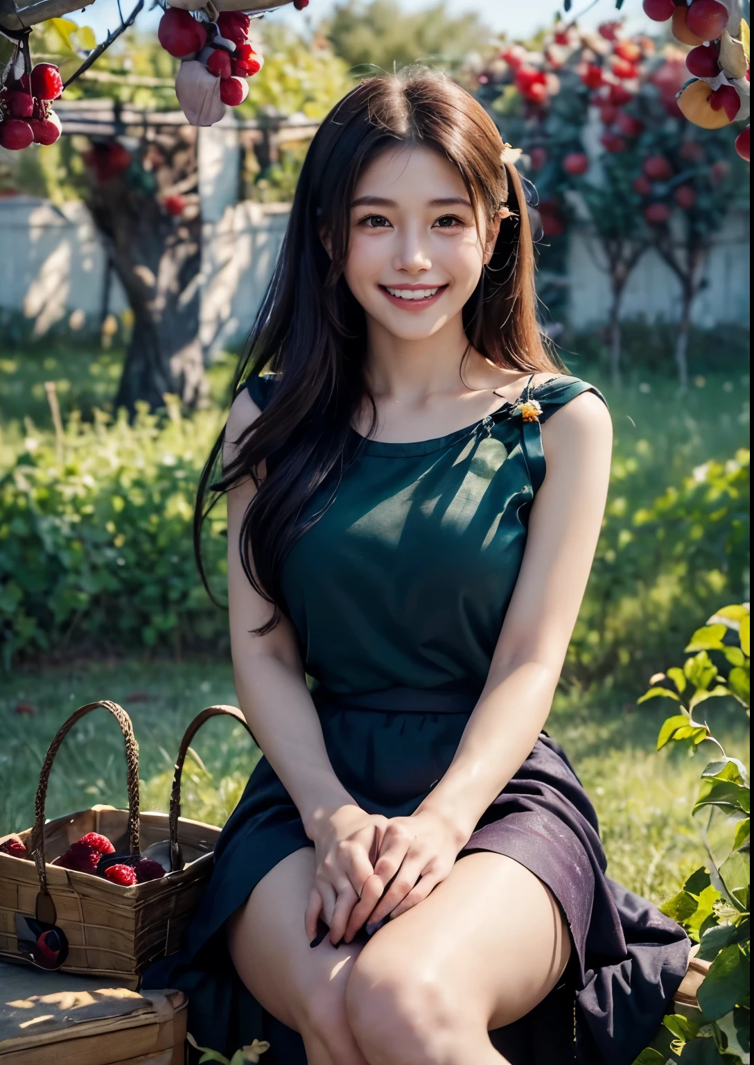 (best quality,4k,8k,highres,masterpiece:1.2),ultra-detailed,(realistic,photorealistic,photo-realistic:1.37),high-resolution portraits, Beautiful Korean Girl, 18 years Girl, ((Young Body,young round breasts,perfect body figure, Slender)),beautiful detailed eyes,beautiful detailed lips,extremely detailed eyes and face,long eyelashes,freckles on her face,gentle smile,majestic pose,flowing black hair cascading down her back, ((glitter silky satin seafoam Green T-shirt with Luxury glitter Peach above knee length skirt)),soft sunlight illuminating her face,vivid colors in the landscape,rich color palette with warm tones,((mulberry fruit orchards)),((many many Mulberry Fruits in orchards)),((mulberry fruit trees)),((heavy Fruits in mulberry trees)),((mulberry trees have many many Mulberry Fruits in trees)),traditional Turkish orchards in the background,rows of fruitful mulberry trees with branches heavy with ripe fruits,each mulberry fruit perfectly crafted and vibrant purple in color,she delicately holds a wicker basket filled with freshly picked mulberries,berry juice staining her fingertips,a sense of tranquility and serenity in the air,subtle wind rustling the leaves,elegantly painted background with a touch of impressionistic style,subtle brushstrokes adding depth and texture to the image,sublime realism with a touch of romanticism, Stylish Poses, sexy angles, (((Sitting in front of Mulberry Fruit trees and Fruit bunch in front of Face))), hot poses, Soo cute girl, Kissing fruit, Realistic Human fingers, realistic human hands,((smile1:2))