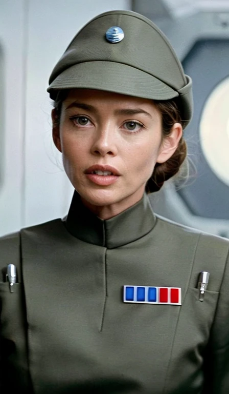 fashion photography of Denise Richards in olive gray imperialofficer uniform and hat, brown hair in bun, smooth pale white skin, snooty arrogant sneer, angry, yelling, sci-fi Death Star control room, sharp focus, dlsr, ultra sharp, professional Photographer, film grain, very detailed skin texture, photorealistic, no makeup