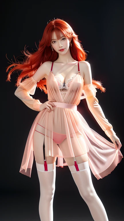 8K Ultra HD、Digital SLR Camera、soft light、high quality、Volumetric Lighting、frank、photo、high resolution、4K、8k、Bokeh,The eyes and face are very detailed,delicate and thin eyebrows, Beautiful big eyes,eyes highlights,Clear eyes, Delicate lips, The smile, Pretty Face,Small round face, Create stunning girl images, warm color, Very high color saturation,The legs look very long from the front,dynamic poses,Normal standing posture,(Looking at the audience:1.1),black background,Chinese office women,Full figure,Golden Ratio, Minimalism,Transparent and visible skin, Salmon pink clothes, Sheer tulle nightdress,Transparent tulle long sleeves,Three-point underwear,Half naked,Red Hair、Gradient Hairstyle,Cyberpunk hairstyle,(Cleavage、Perfect breasts、sexy、very detailed breasts, d cup size),(Transparent knee-high socks,Garter belt、garter rings、Leg garters)