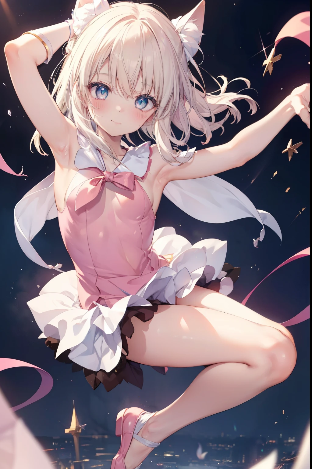 Ilya、blush,smile、Magical girl、Magical girl衣装を着ている、Primary school students、The back is very small、ta、Small breasts、Showing armpits、exterior: 14 yulder Bare、The clavicle is visible、Sexy thighs、Beautiful feet、Usual hairstyle、Show me your armpits:1.2), highest quality, High resolution, unity 8k wallpaper, (shape:0.8), (Beautiful and beautiful eyes:1.6), Highly detailed face, Perfect lighting, Extremely detailed CG, (Perfect hands, Perfect Anatomy),