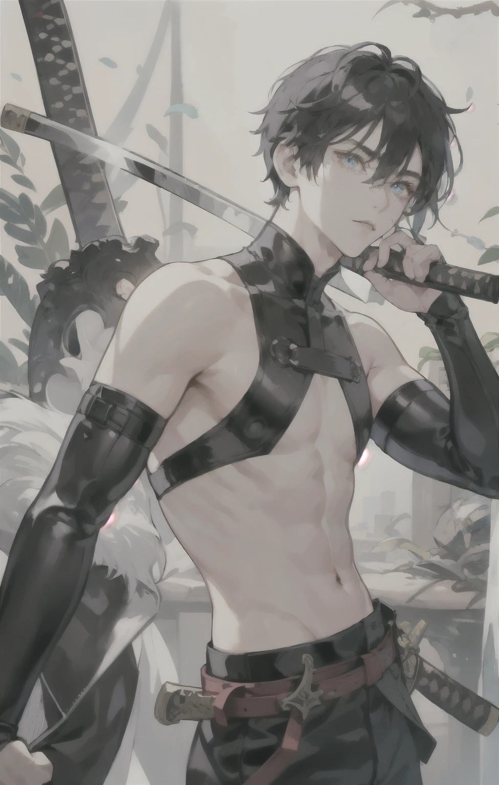 masterpiece, best quality, ultra detailed, (solo man), (male focus), ((young adult man)), ((Oblong face)), ((Square jawline)), black hair, ((hairs between eyes)), ((shoulder length)), ((narrow blue eye)), fair skin, slim weak body, beauty mark, fighting stance, katana