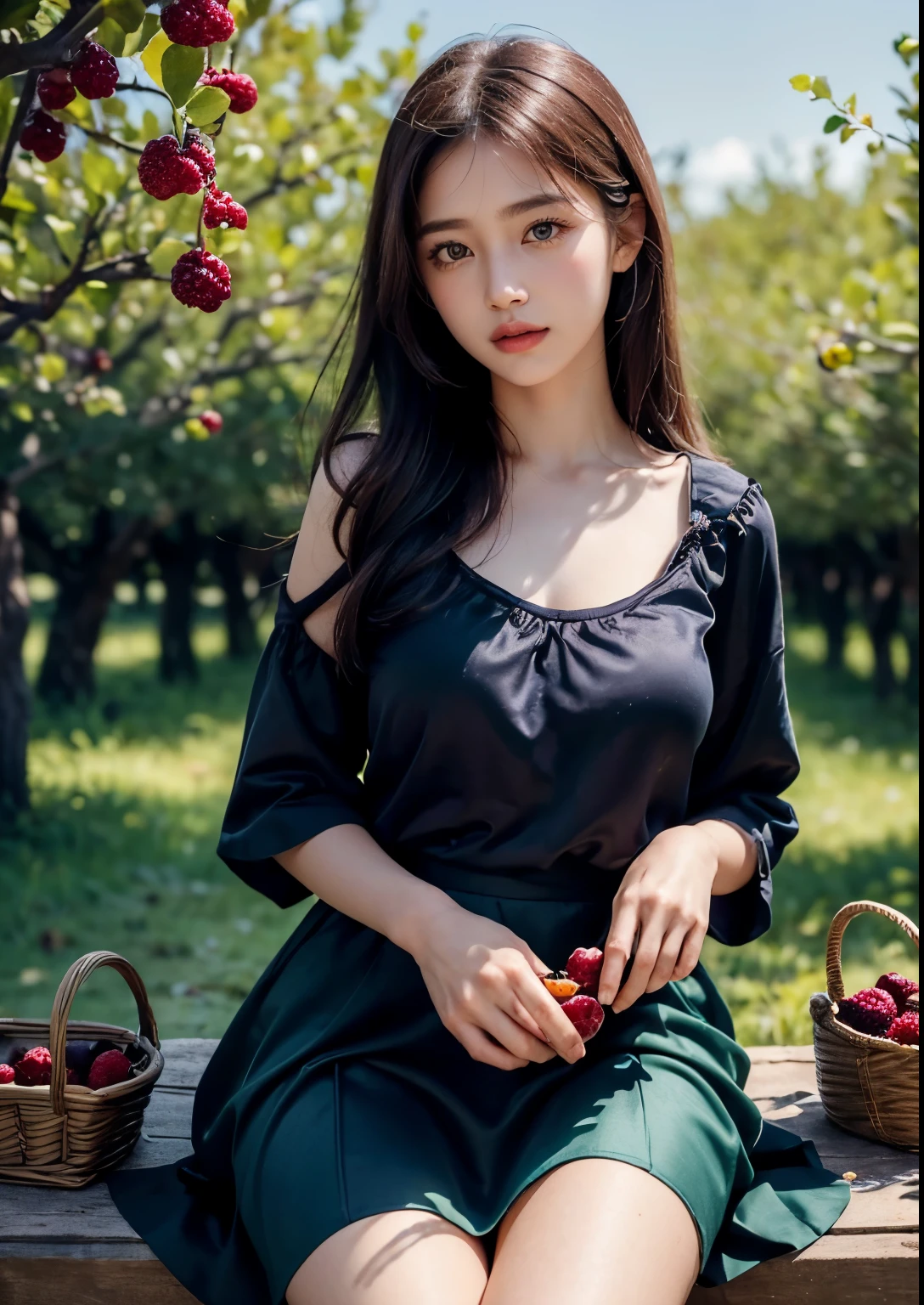 (best quality,4k,8k,highres,masterpiece:1.2),ultra-detailed,(realistic,photorealistic,photo-realistic:1.37),high-resolution portraits, Beautiful Korean Girl, 18 years Girl, ((Young Body,young round breasts,perfect body figure, Slender)),beautiful detailed eyes,beautiful detailed lips,extremely detailed eyes and face,long eyelashes,freckles on her face,gentle smile,majestic pose,flowing black hair cascading down her back, ((glitter silky satin seafoam Green T-shirt with Luxury glitter Peach above knee length skirt)),soft sunlight illuminating her face,vivid colors in the landscape,rich color palette with warm tones,((mulberry fruit orchards)),((many many Mulberry Fruits in orchards)),((mulberry fruit trees)),((heavy Fruits in mulberry trees)),((mulberry trees have many many Mulberry Fruits in trees)),traditional Turkish orchards in the background,rows of fruitful mulberry trees with branches heavy with ripe fruits,each mulberry fruit perfectly crafted and vibrant purple in color,she delicately holds a wicker basket filled with freshly picked mulberries,berry juice staining her fingertips,a sense of tranquility and serenity in the air,subtle wind rustling the leaves,elegantly painted background with a touch of impressionistic style,subtle brushstrokes adding depth and texture to the image,sublime realism with a touch of romanticism, Stylish Poses, sexy angles, (((Sitting in front of Mulberry Fruit trees and Fruit bunch in front of Face))), hot poses, Soo cute girl, Kissing fruit, Realistic Human fingers, realistic human hands, every where mulberry fruit trees, every where mulberry fruits in orchards,