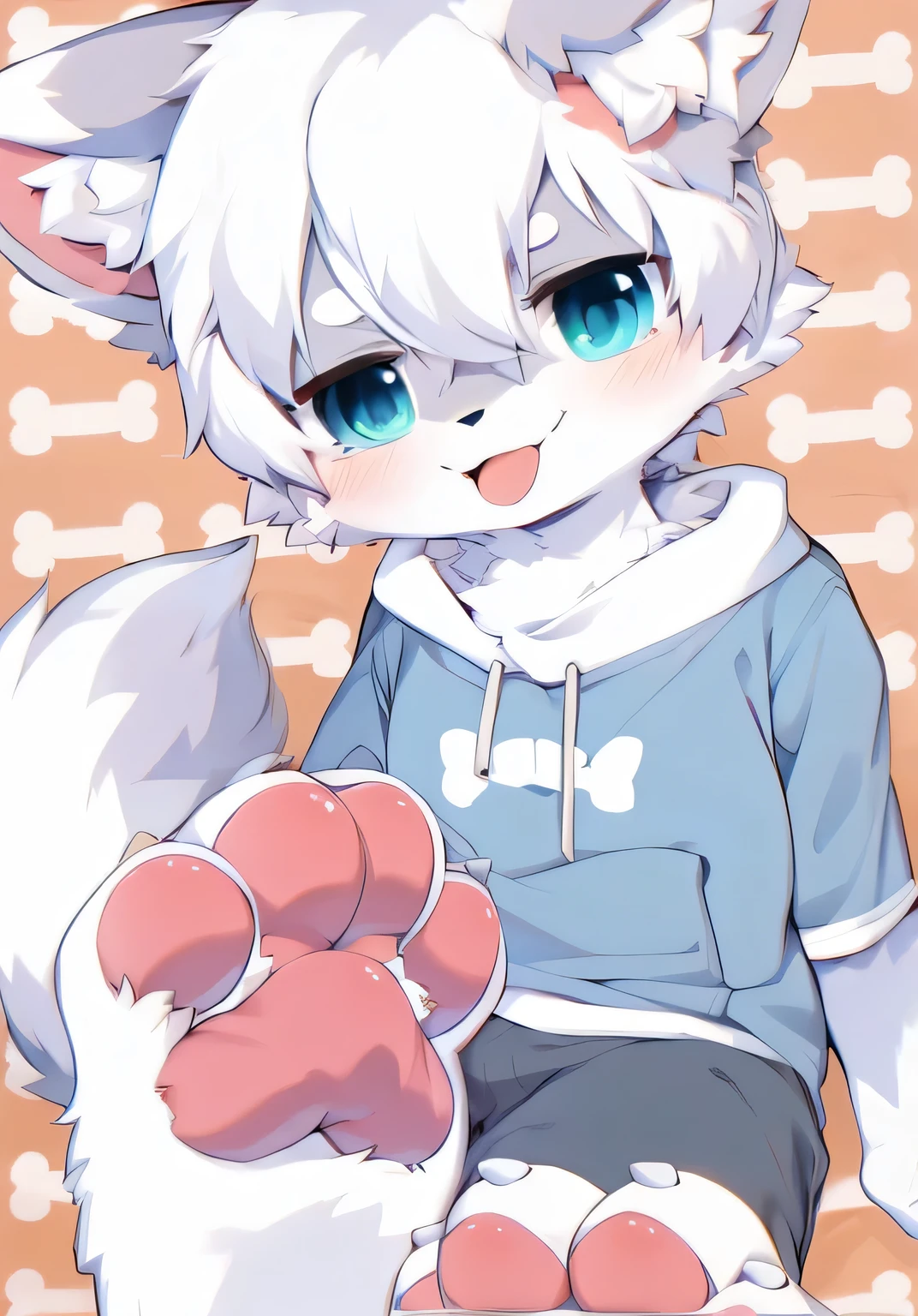 Anime cat com olhos azuis e um capuz azul sentado em um fundo rosa, Ferson!!!!, Ferson peludo, arte Ferson, Furry anime, Anime cat bonito, Furry Art!!!, Ferson usando roupas estilosas, Anime cat, Fursona Furry Arts Council, White fox fur, fursona committee, Meow, pov furry art, Furry Characters，whole body，Exposed，Tied by tentacles