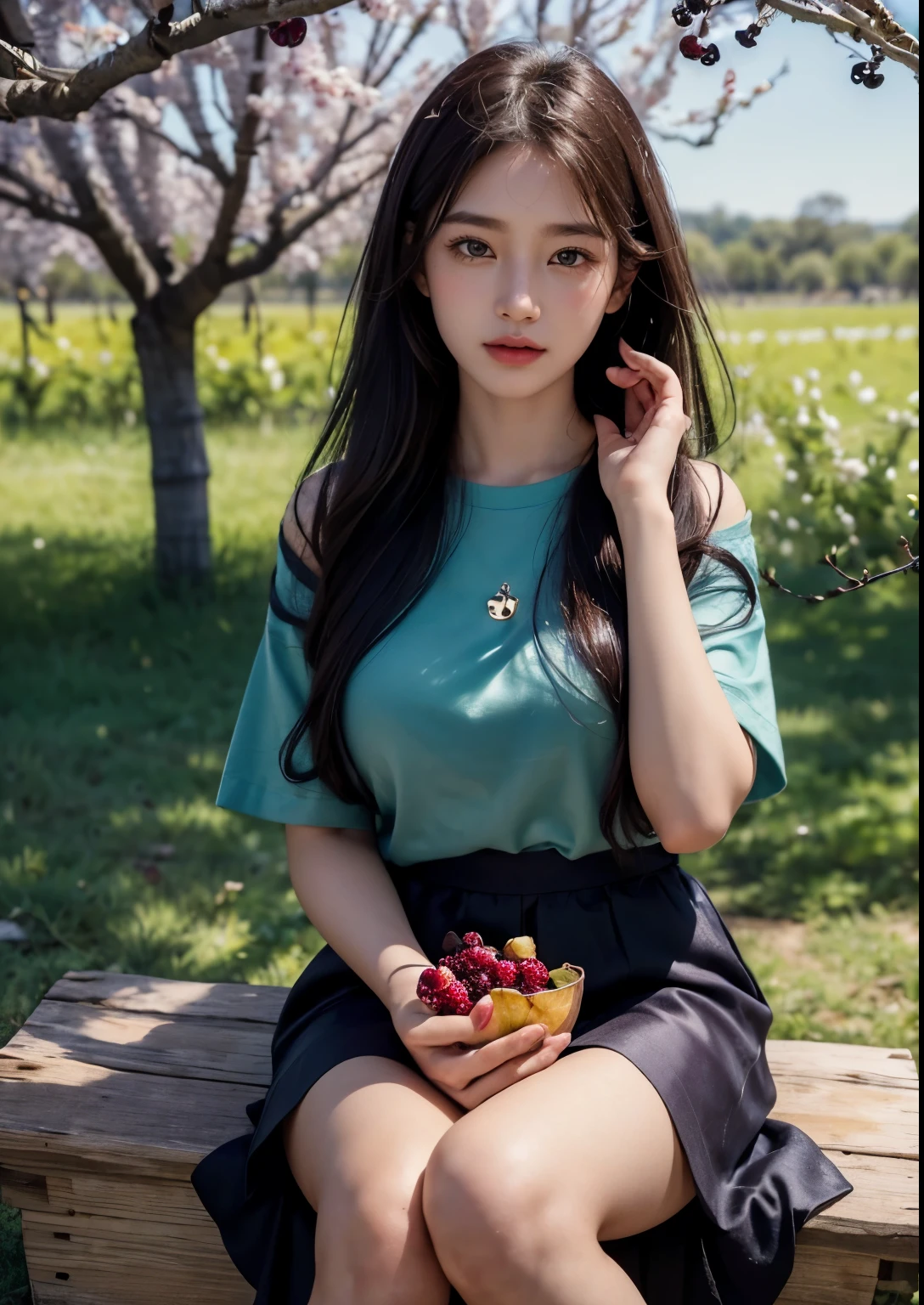 (best quality,4k,8k,highres,masterpiece:1.2),ultra-detailed,(realistic,photorealistic,photo-realistic:1.37),high-resolution portraits, Beautiful Korean Girl, 18 years Girl, ((Young Body,young round breasts,perfect body figure, Slender)),beautiful detailed eyes,beautiful detailed lips,extremely detailed eyes and face,long eyelashes,freckles on her face,gentle smile,majestic pose,flowing black hair cascading down her back, ((glitter silky satin seafoam Green T-shirt with Luxury glitter Peach above knee length skirt)),soft sunlight illuminating her face,vivid colors in the landscape,rich color palette with warm tones,((mulberry fruit orchards)),((many many Mulberry Fruits in orchards)),((mulberry fruit trees)),((heavy Fruits in mulberry trees)),((mulberry trees have many many Mulberry Fruits in trees)),traditional Turkish orchards in the background,rows of fruitful mulberry trees with branches heavy with ripe fruits,each mulberry fruit perfectly crafted and vibrant purple in color,she delicately holds a wicker basket filled with freshly picked mulberries,berry juice staining her fingertips,a sense of tranquility and serenity in the air,subtle wind rustling the leaves,elegantly painted background with a touch of impressionistic style,subtle brushstrokes adding depth and texture to the image,sublime realism with a touch of romanticism, Stylish Poses, sexy angles, (((Sitting in front of Mulberry Fruit trees and Fruit bunch in front of Face))), hot poses, Soo cute girl, Kissing fruit, Realistic Human fingers, realistic human hands, every where mulberry fruit trees, every where mulberry fruits in orchards,