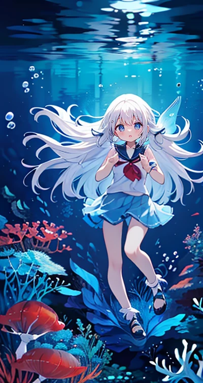 (Peace Fly), (highest quality), Very detailed, 1 girl, Personal full-body photo, Perfect Face, beautiful girl, Very detailed顔,(Long white hair:1.5),(blue eyes:1.4),(Flowing Hair:1.4),(Underwater:1.4),sink,school fishy,Light,jellyfish,Seaweed,Redfish,fishy,deep sea,Fantasy