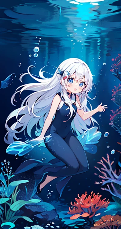 (Peace Fly), (highest quality), Very detailed, 1 girl, Personal full-body photo, Perfect Face, beautiful girl, Very detailed顔，(Long white hair:1.5)，(blue eyes:1.4)，(Flowing Hair:1.4)，(Underwater:1.4)，sink，school fishy，Light，jellyfish，Seaweed，Redfish，fishy，deep sea，Fantasy