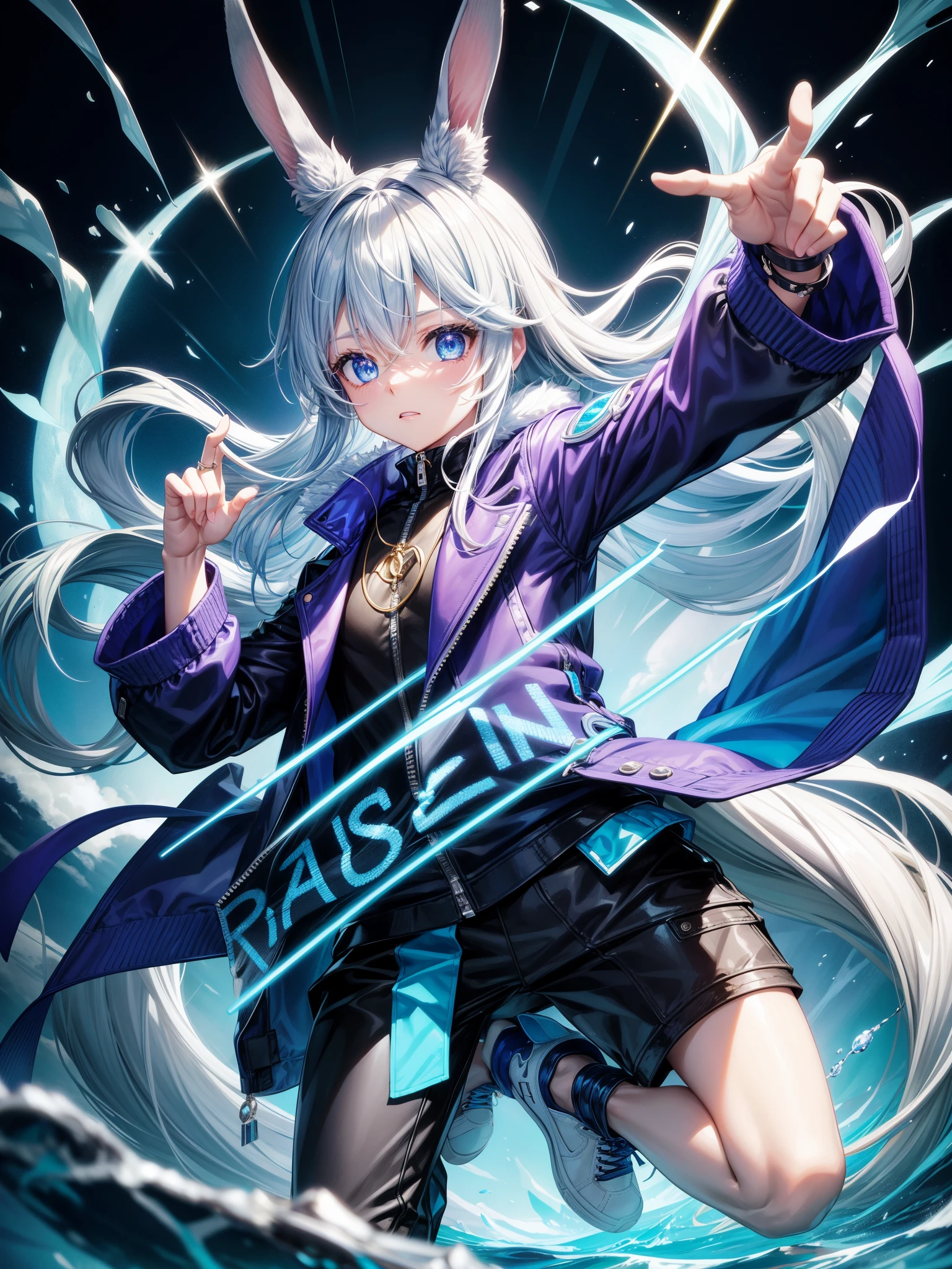 XUER rabbit擬人化、solo、looking at the camera、blue eyes、Long sleeve、1 boy、Animal Ears、jewelry、Jacket、whole body、Male Focus、イヤring、Open clothes、shoes、pants、Food、rabbitの耳、bracelet、オープンJacket、黒のJacket、Shine、黒のpants、ring、青のJacket、sneakers、furで覆われた、zipper、Blue Theme、electricity、furで覆われた男性、Blue Fire、複数のring、
fur,rabbit,