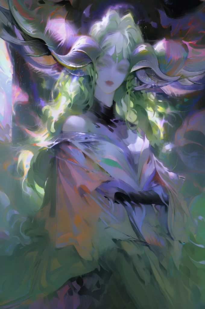 masterpiece, Green hair standing in the room、Girl with green hat, Ink Art, Style Art, Elf Girl, murata and artgerm series, very warm, Weiwei, Art style, League of Legends style, Ruan Jia and Artgerm, Art Jem Style, ! dream art, Designed by nty, A woman is, 8K, hyper HD, Albino demon girl standing, shot from far away, ( green long hair:1.3) , pink rose bush, Pink turtleneck sweater with tulle skirt, winking ,(long and complex horns:1.2), white backgrounid, colorful clothes, Complicated details