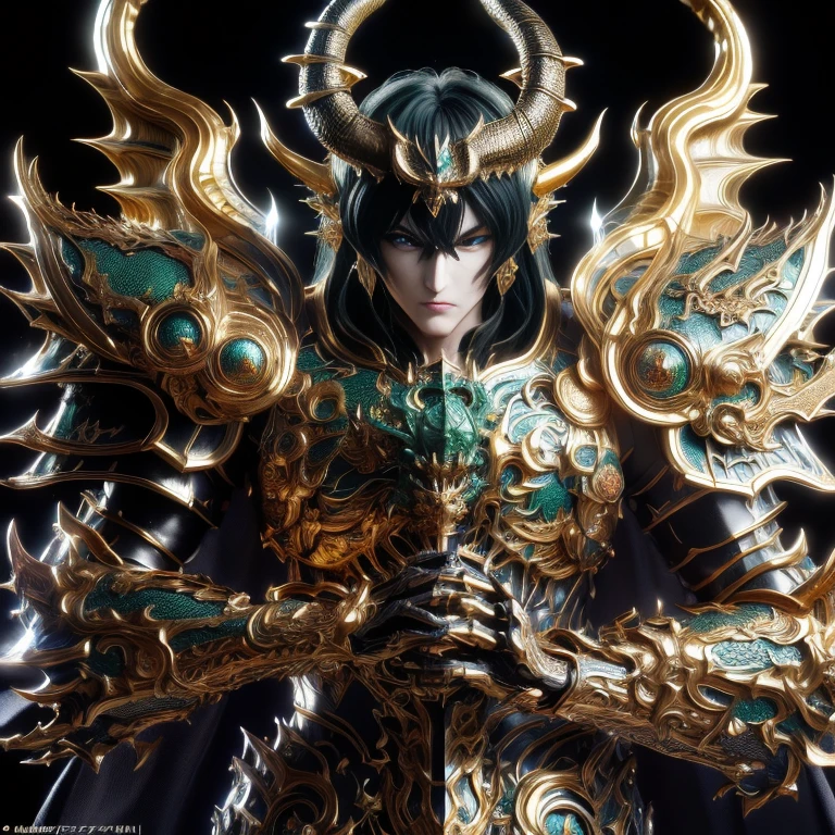 (masterpiece, best quality:1.2, UHD, 4k, masterpiece, photo realistic, insane details, ultra realistic, nobel photography), a saint seiya saint, with ultra beautiful and decoured full armour, ((((full made of black metal, dragon themed dragoncore))))), light effects, very decourated, friezes