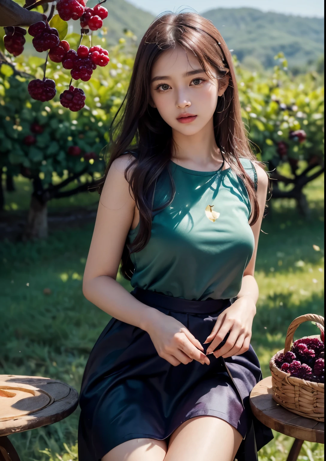 (best quality,4k,8k,highres,masterpiece:1.2),ultra-detailed,(realistic,photorealistic,photo-realistic:1.37),high-resolution portraits, Beautiful Korean Girl, 18 years Girl, ((Young Body,young round breasts,perfect body figure, Slender)),beautiful detailed eyes,beautiful detailed lips,extremely detailed eyes and face,long eyelashes,freckles on her face,gentle smile,majestic pose,flowing black hair cascading down her back, ((glitter silky satin seafoam Green T-shirt with Luxury glitter Peach above knee length skirt)),soft sunlight illuminating her face,vivid colors in the landscape,rich color palette with warm tones,((mulberry fruit orchards)),((many many Mulberry Fruits in orchards)),((mulberry fruit trees)),((heavy Fruits in mulberry trees)),((mulberry trees have many many Mulberry Fruits in trees)),traditional Turkish orchards in the background,rows of fruitful mulberry trees with branches heavy with ripe fruits,each mulberry fruit perfectly crafted and vibrant purple in color,she delicately holds a wicker basket filled with freshly picked mulberries,berry juice staining her fingertips,a sense of tranquility and serenity in the air,subtle wind rustling the leaves,elegantly painted background with a touch of impressionistic style,subtle brushstrokes adding depth and texture to the image,sublime realism with a touch of romanticism, Stylish Poses, sexy angles, (((Sitting in front of Mulberry Fruit trees and Fruit bunch in front of Face))), hot poses, Soo cute girl, Kissing fruit, Realistic Human fingers, realistic human hands, ((every where mulberry fruit trees)), ((every where mulberry fruits in orchards)),((mulberry fruit Wine bottle)),((mulberry wine in glass)), ((Dining table in orchard))