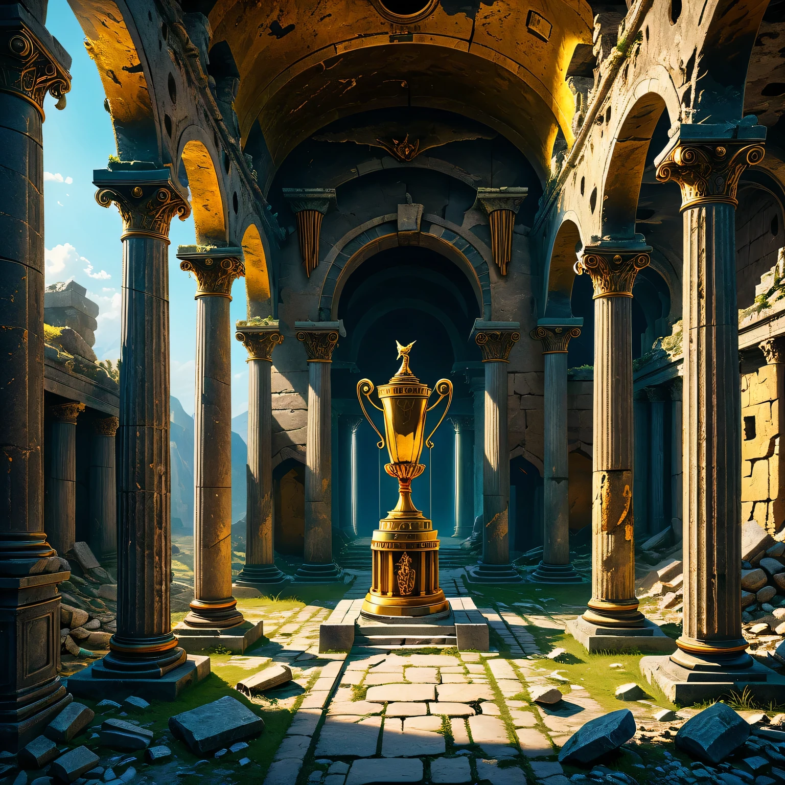 An old abandoned castle of an ancient long-gone highly developed civilization, in a hall with destroyed columns, a Golden Trophy hovers over a pedestal, very rare and unusual, secret objects of long-gone civilizations