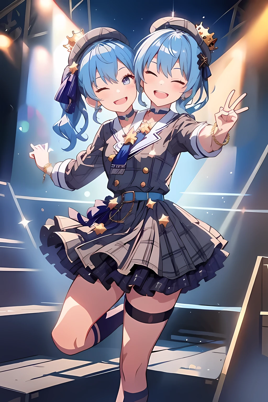 (masterpiece, best quality), best resolution, 16k, (2heads:1.5), full-body, 1girl, solo, (raise arms, two hands make peace sign, hands above shoulders), HoshimachiSuisei, side ponytail, blue hair ribbon, SuiseiBase, plaid beret, crown, blue star choker, star earrings, blue ascot, plaid jacket, plaid skirt, layered skirt, partially fingerless gloves, star bracelet, uneven legwear, thigh strap, standing, (smile, close-mouth, teeth), one eye closed, dacing, jumping, ((heads look at each other, cheek-to-cheek)), exciting, concert stage, starfield, spotlight