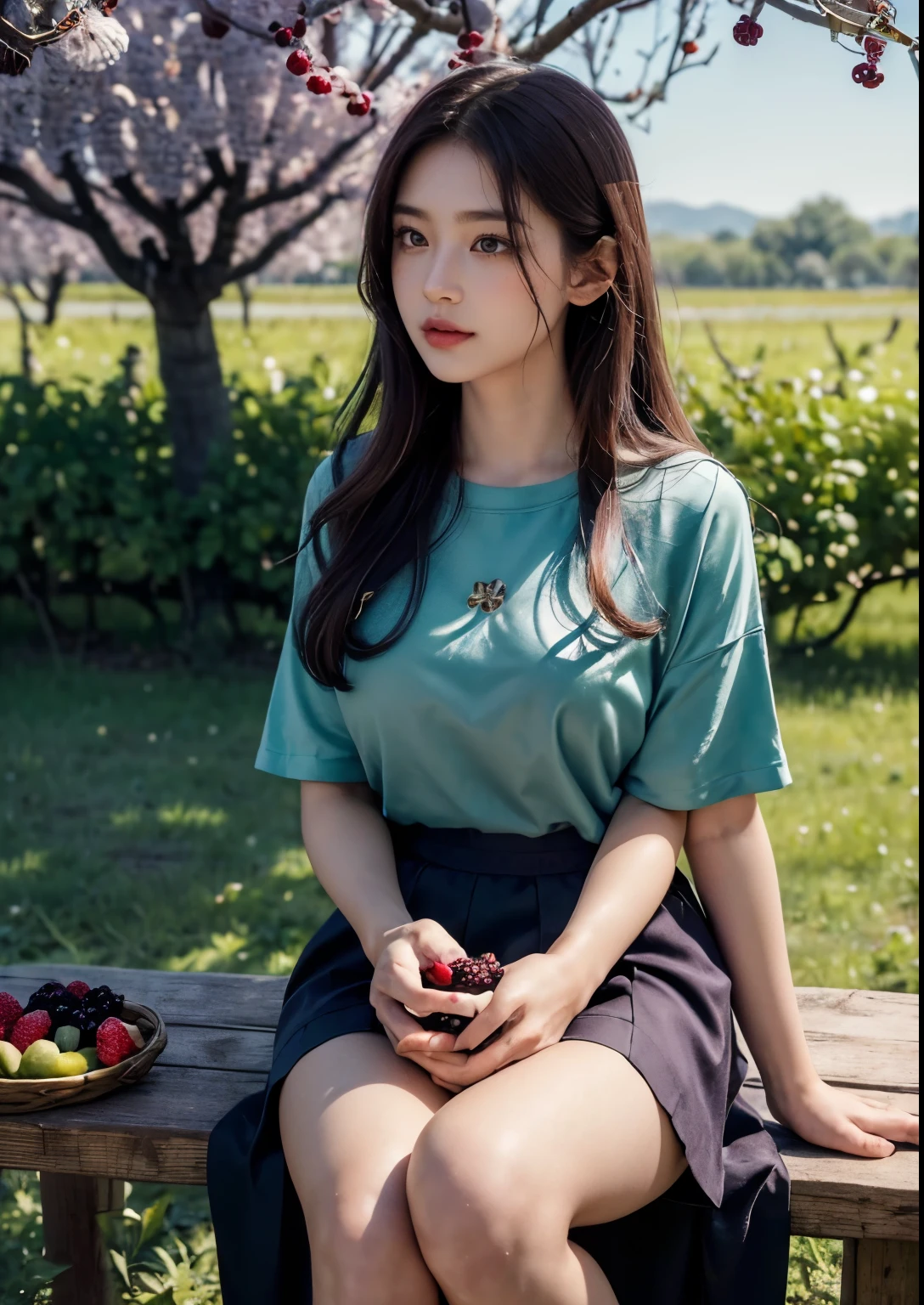 (best quality,4k,8k,highres,masterpiece:1.2),ultra-detailed,(realistic,photorealistic,photo-realistic:1.37),high-resolution portraits, Beautiful Korean Girl, 18 years Girl, ((Young Body,young round breasts,perfect body figure, Slender)),beautiful detailed eyes,beautiful detailed lips,extremely detailed eyes and face,long eyelashes,freckles on her face,gentle smile,majestic pose,flowing black hair cascading down her back, ((glitter silky satin seafoam Green T-shirt with Luxury glitter Peach above knee length skirt)),soft sunlight illuminating her face,vivid colors in the landscape,rich color palette with warm tones,((mulberry fruit orchards)),((many many Mulberry Fruits in orchards)),((mulberry fruit trees)),((heavy Fruits in mulberry trees)),((mulberry trees have many many Mulberry Fruits in trees)),traditional Turkish orchards in the background,rows of fruitful mulberry trees with branches heavy with ripe fruits,each mulberry fruit perfectly crafted and vibrant purple in color,she delicately holds a wicker basket filled with freshly picked mulberries,berry juice staining her fingertips,a sense of tranquility and serenity in the air,subtle wind rustling the leaves,elegantly painted background with a touch of impressionistic style,subtle brushstrokes adding depth and texture to the image,sublime realism with a touch of romanticism, Stylish Poses, sexy angles, (((Sitting in front of Mulberry Fruit trees and Fruit bunch in front of Face))), hot poses, Soo cute girl, Kissing fruit, Realistic Human fingers, realistic human hands, ((every where mulberry fruit trees)), ((every where mulberry fruits in orchards)),((mulberry fruit Wine bottle)),((mulberry wine in glass)), ((Dining table in orchard))
