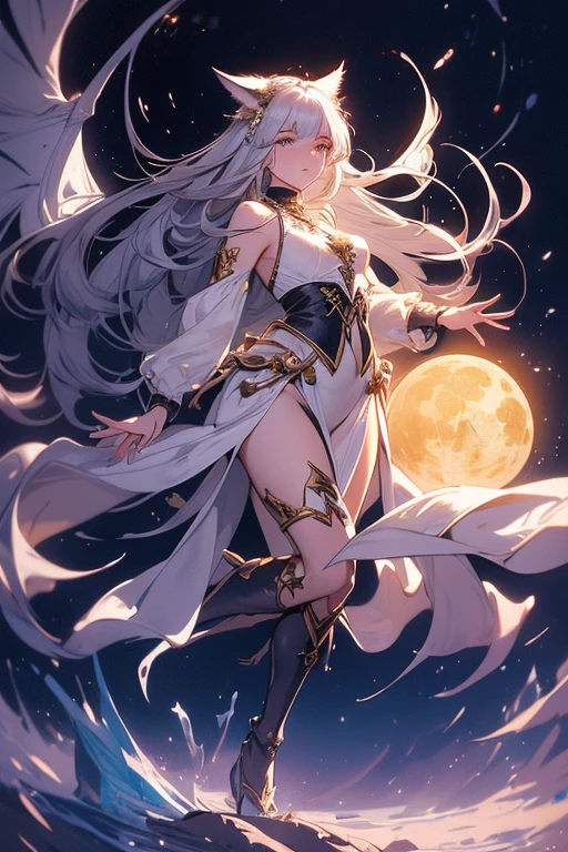 ((masterpiece, highest quality)),Ultra-high resolution, (realism: 1.4),Best illustrations,Line art,Very condensed adult female,Ready to Battle,Delicate and beautiful features,Long, narrow eyes,Sharp face,A firm expression,Bare your fangs,Silver Hair,Wolf ears,tail,A long loincloth fluttering in the wind,White costume,Fantasy,The background is a full moon and wilderness,wide aperture,Unreal 5,Scattered beneath the surface,Anatomically correct,Low angle full body shot