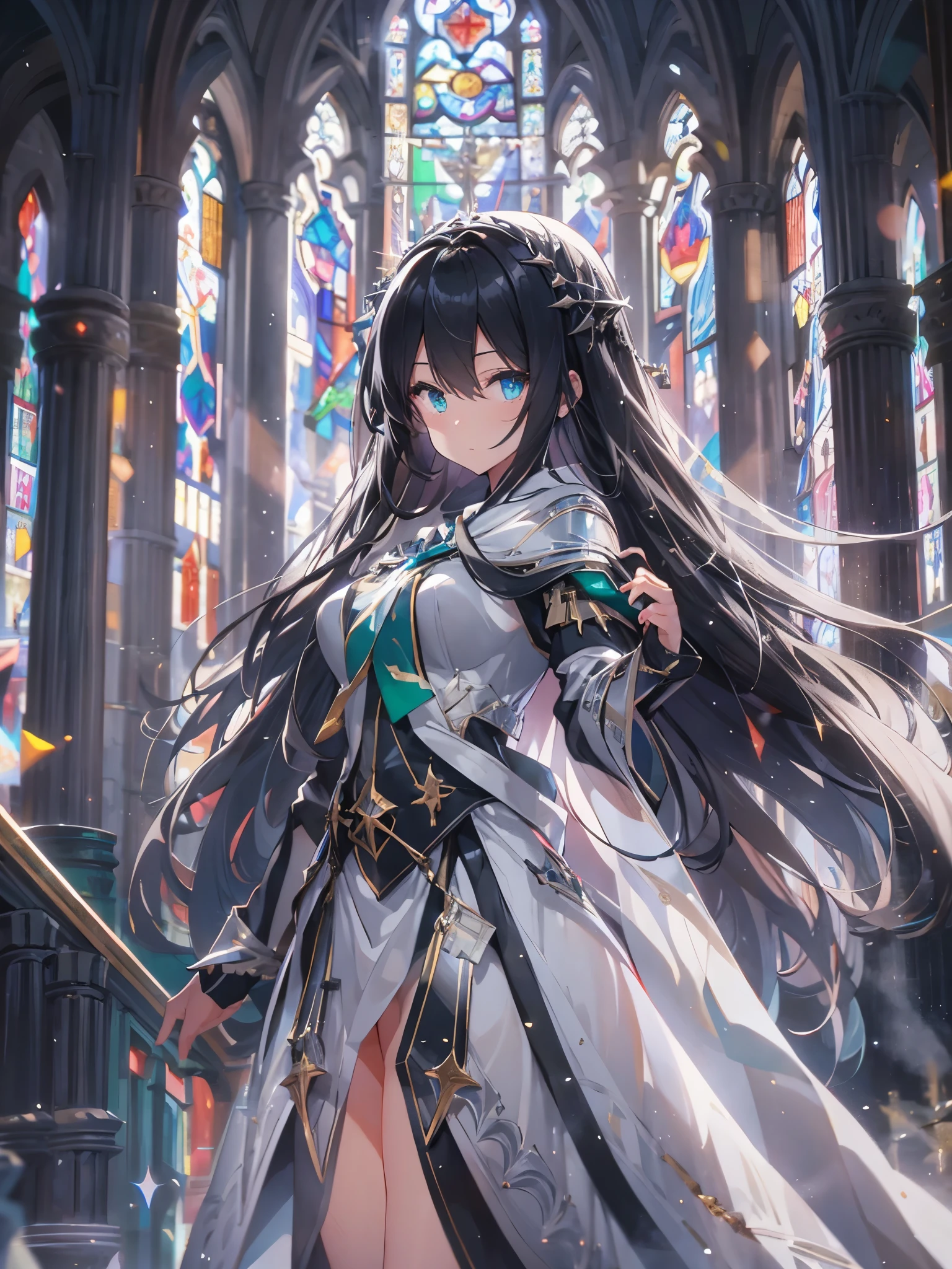 Black Hair Girl, A holy knight in a white robe, (Black and white robes and armor), Emerald Eyes, A church where light shines in, (Stained glass behind:0.9), hair two side up, depth of field, cinematic lighting, sparkle, f/2.8, 35mm, anime, anime style, UHD, high details, best quality, highres, textured skin, 4K