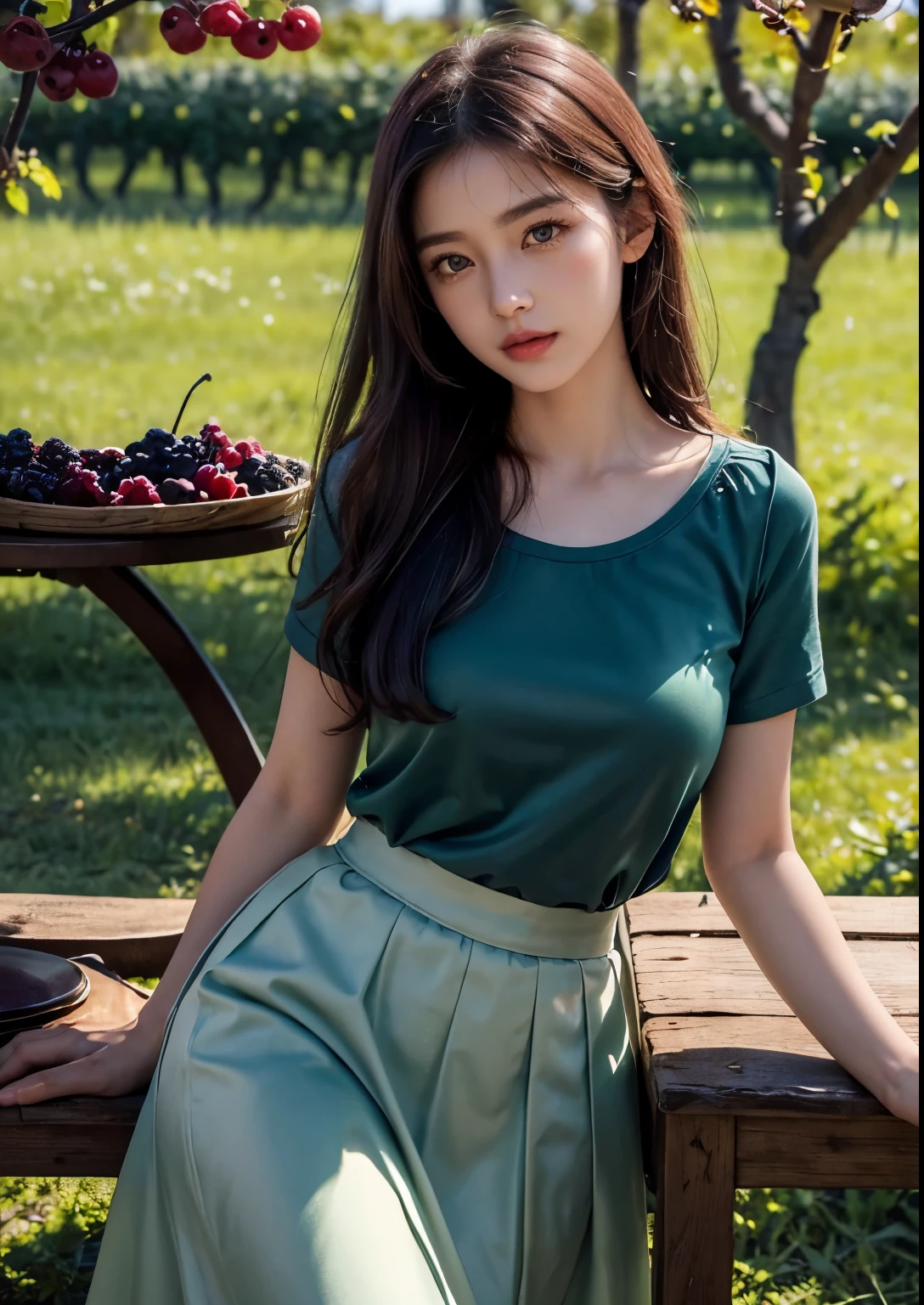 (best quality,4k,8k,highres,masterpiece:1.2),ultra-detailed,(realistic,photorealistic,photo-realistic:1.37),high-resolution portraits, Beautiful Korean Girl, 18 years Girl, ((Young Body,young round breasts,perfect body figure, Slender)),beautiful detailed eyes,beautiful detailed lips,extremely detailed eyes and face,long eyelashes,freckles on her face,gentle smile,majestic pose,flowing black hair cascading down her back, ((glitter silky satin seafoam Green T-shirt with Luxury glitter Peach above knee length skirt)),soft sunlight illuminating her face,vivid colors in the landscape,rich color palette with warm tones,((mulberry fruit orchards)),((many many Mulberry Fruits in orchards)),((mulberry fruit trees)),((heavy Fruits in mulberry trees)),((mulberry trees have many many Mulberry Fruits in trees)),traditional Turkish orchards in the background,rows of fruitful mulberry trees with branches heavy with ripe fruits,each mulberry fruit perfectly crafted and vibrant purple in color,she delicately holds a wicker basket filled with freshly picked mulberries,berry juice staining her fingertips,a sense of tranquility and serenity in the air,subtle wind rustling the leaves,elegantly painted background with a touch of impressionistic style,subtle brushstrokes adding depth and texture to the image,sublime realism with a touch of romanticism, Stylish Poses, sexy angles, ((every where mulberry fruit trees)), ((every where mulberry fruits in orchards)),((mulberry fruit Wine bottle)),((mulberry wine in glass)), ((Dining table in orchard)),(((Sitting in front of dining table))), ((wine glass in hand)),hot poses, Soo cute girl, Kissing fruit, Realistic Human fingers, realistic human hands,