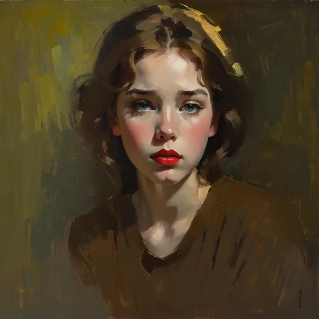 Create an evocative oil painting inspired by Malcolm Liepke, based on the provided image. Capture the intense, introspective expression of the young subject using thick, expressive brushstrokes and a muted color palette. Highlight the emotional depth and vulnerability in the subject's gaze, emphasizing the play of light and shadow on their face. Maintain a simple, textured background that complements the subject's contemplative presence. Focus on the tactile quality of the oil paint to convey the raw emotion and intimacy characteristic of Liepke's style.