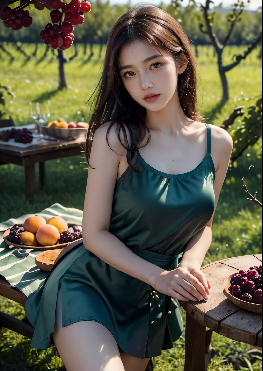 (best quality,4k,8k,highres,masterpiece:1.2),ultra-detailed,(realistic,photorealistic,photo-realistic:1.37),high-resolution portraits, Beautiful Korean Girl, 18 years Girl, ((Young Body,young round breasts,perfect body figure, Slender)),beautiful detailed eyes,beautiful detailed lips,extremely detailed eyes and face,long eyelashes,freckles on her face,gentle smile,majestic pose,flowing black hair cascading down her back, ((glitter silky satin seafoam Green T-shirt with Luxury glitter Peach above knee length skirt)),soft sunlight illuminating her face,vivid colors in the landscape,rich color palette with warm tones,((full body shot)),((mulberry fruit orchards)),((many many Mulberry Fruits in orchards)),((mulberry fruit trees)),((heavy Fruits in mulberry trees)),((mulberry trees have many many Mulberry Fruits in trees)),traditional Turkish orchards in the background,rows of fruitful mulberry trees with branches heavy with ripe fruits,each mulberry fruit perfectly crafted and vibrant purple in color,she delicately holds a wicker basket filled with freshly picked mulberries,berry juice staining her fingertips,a sense of tranquility and serenity in the air,subtle wind rustling the leaves,elegantly painted background with a touch of impressionistic style,subtle brushstrokes adding depth and texture to the image,sublime realism with a touch of romanticism, Stylish Poses, sexy angles, ((every where mulberry fruit trees)), ((every where mulberry fruits in orchards)),((mulberry fruit Wine bottle)),((mulberry wine in glass)), ((Dining table in orchard)),(((Sitting in front of dining table))), ((wine glass in hand)),hot poses, Soo cute girl, Kissing fruit, Realistic Human fingers, realistic human hands,