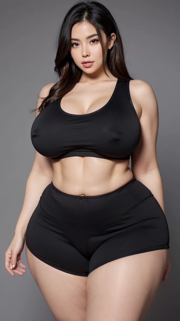 Curvy woman, tanktop and shorts, thin waist, natural abs, skin tight clothes, spandex